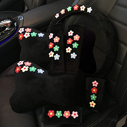 Cute Daisy Flower Car Steering Wheel Cover & Seat Belt Pad - Soft Gear Shift Cover for Women, Girls Auto Interior Accessories | Perfect for Summer Road Trips & Daily Commute