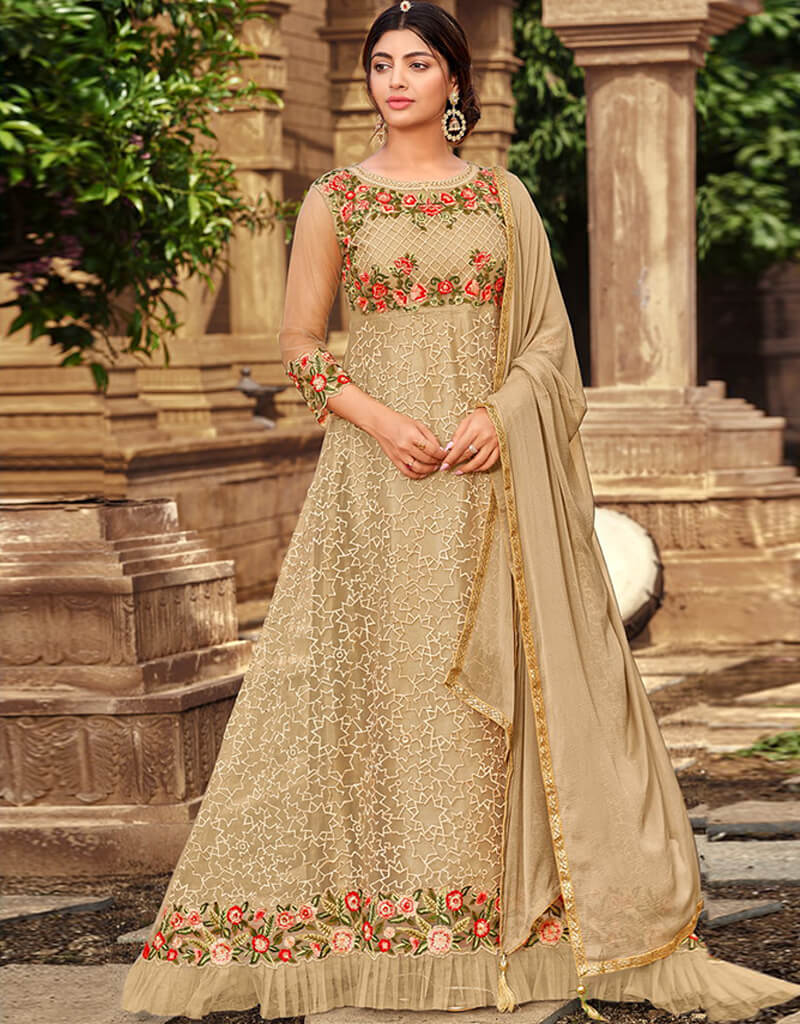 Elegant Beige Pant Style Salwar Kameez with Butterfly Net Embroidery - Perfect for Weddings, Festivals & Special Occasions