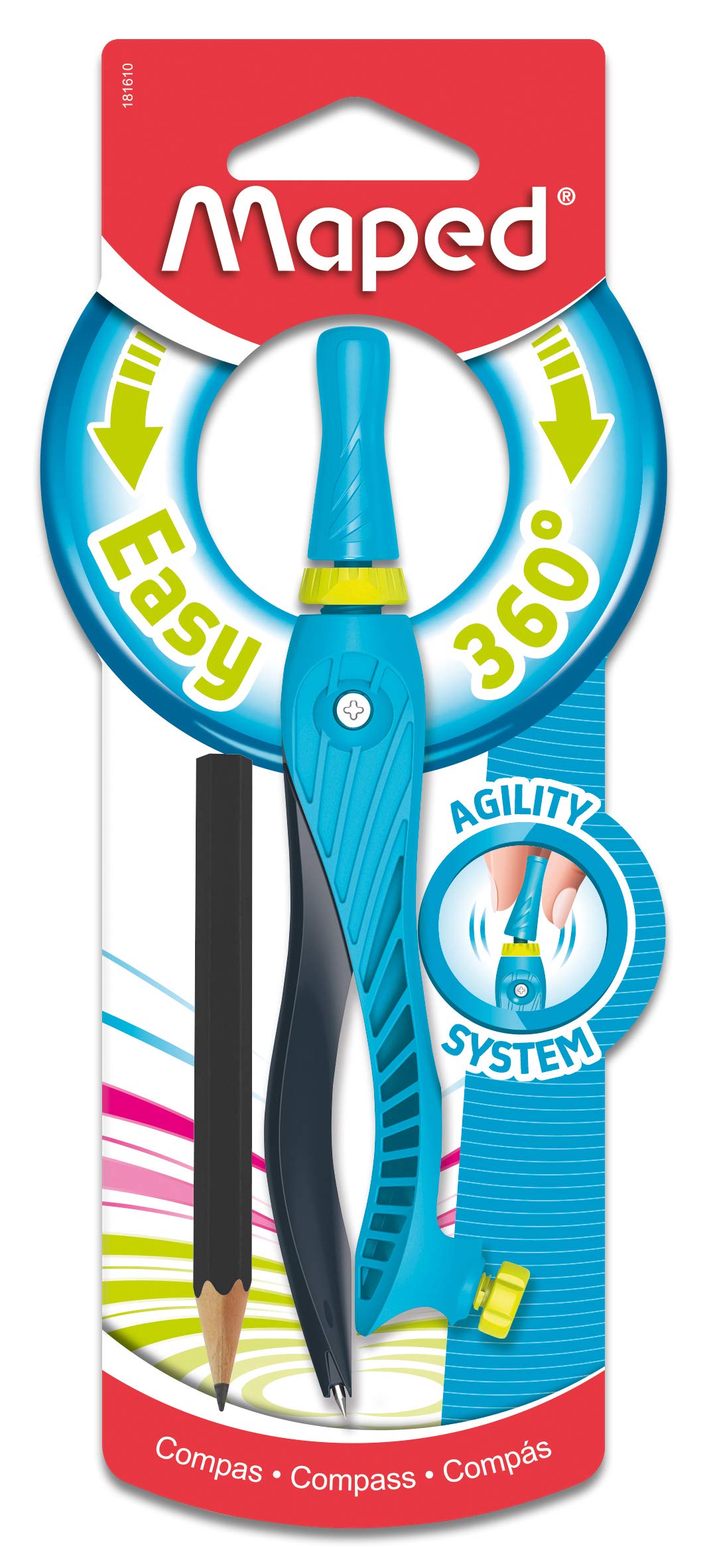 Maped Kid'Z 360° Agility Compass with Universal Holder - School Math Geometry Tool for Kids & Students - Perfect for Classroom, Homework & Art Projects (181610)