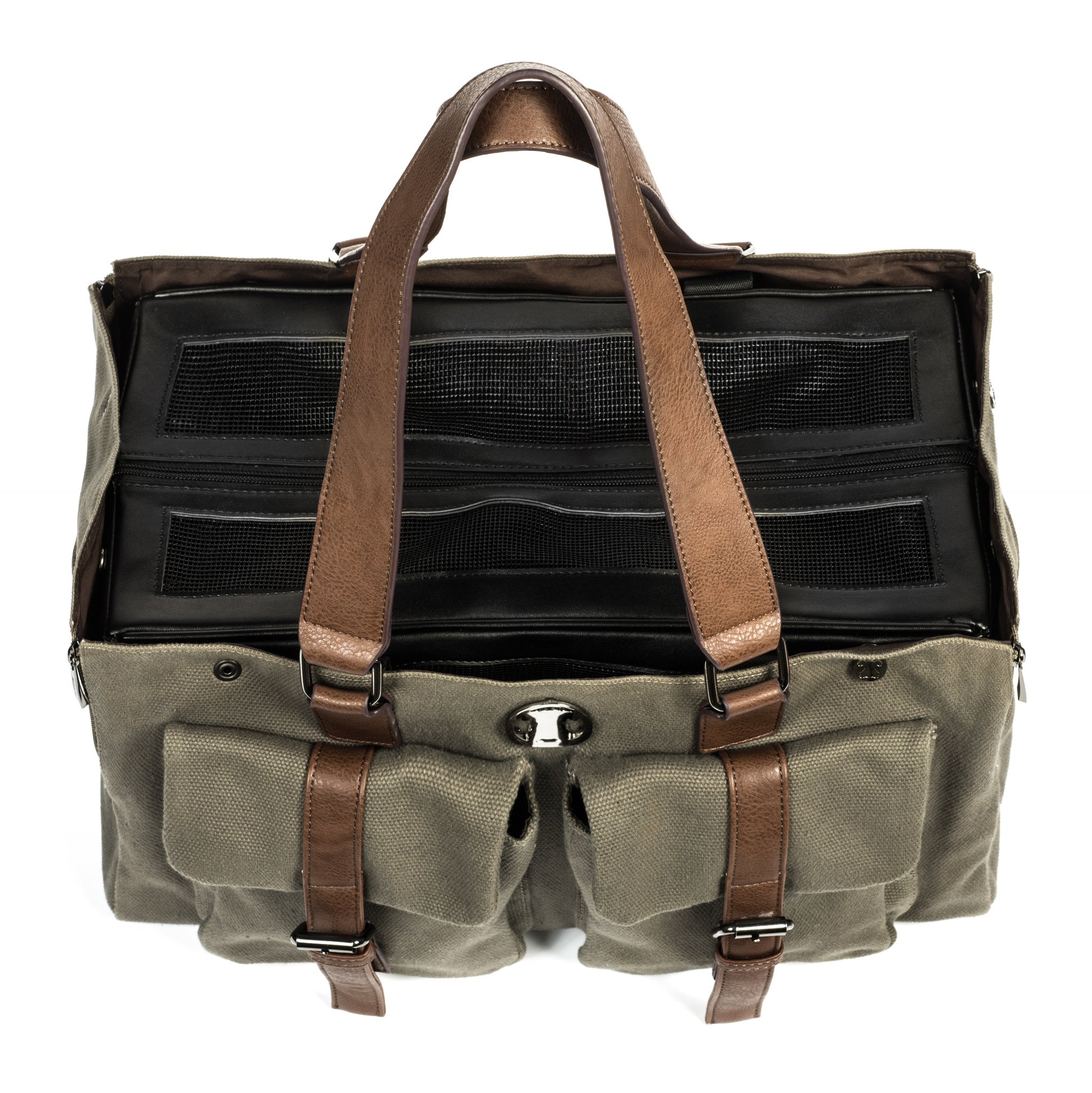 Green Canvas Airline Approved Pet Carrier Combo with Pockets - Interchangeable Base & Tote Shell for Small Dogs | Perfect for Travel, Weekend Getaways & Daily Use