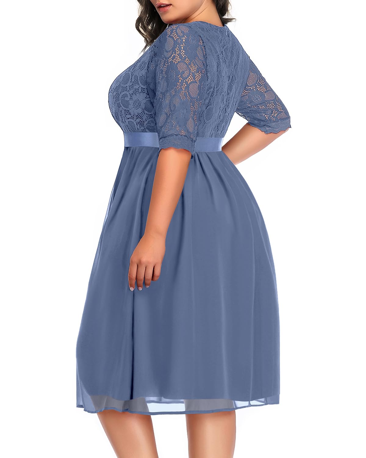Plus Size Lace Chiffon Wrap V-Neck Midi Dress for Women - Elegant Cocktail & Wedding Guest Dress - Perfect for Parties, Date Nights & Special Occasions