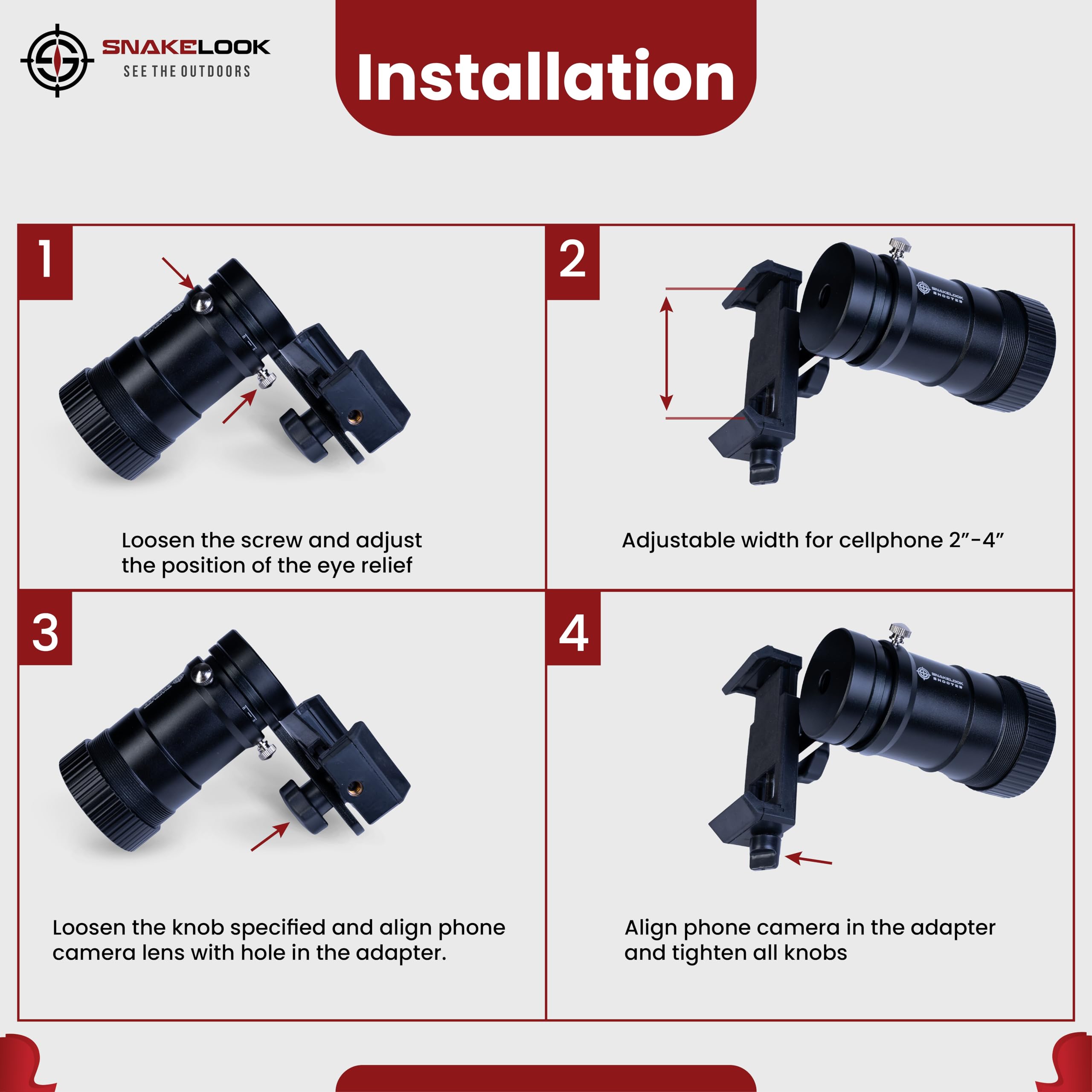 SnakeLook™ GEN 2 Universal Rifle Scope Phone Adapter - Quick Connect Smartphone Camera Mount for Hunting & Shooting | Compatible with iPhone & Android | Perfect for Outdoor Adventures, Wildlife Photography & Target Practice