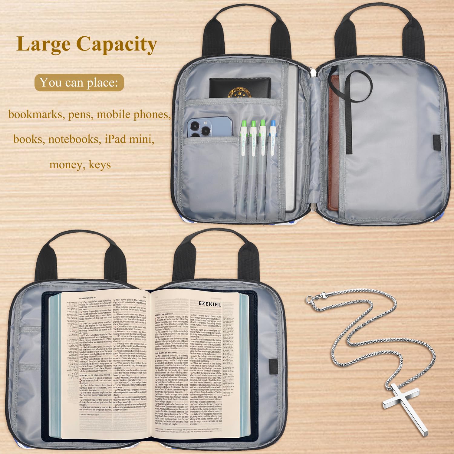 Women's Bible Cover with Handle & Zipper - Durable Bible Case Holder, Church Book Bag for Carrying & Protection - Perfect for Church Services, Bible Study & Travel