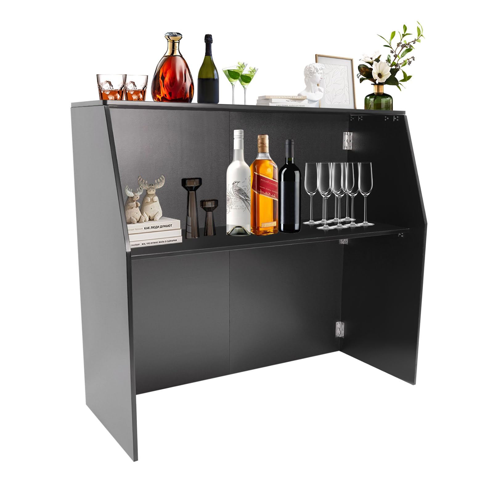 Portable Folding Bar Counter with Shelves - Lightweight Laminate Mobile Bar for Parties, Events, Home & Outdoor Use (Black) - Perfect for Backyard BBQs, Wedding Receptions & Tailgating