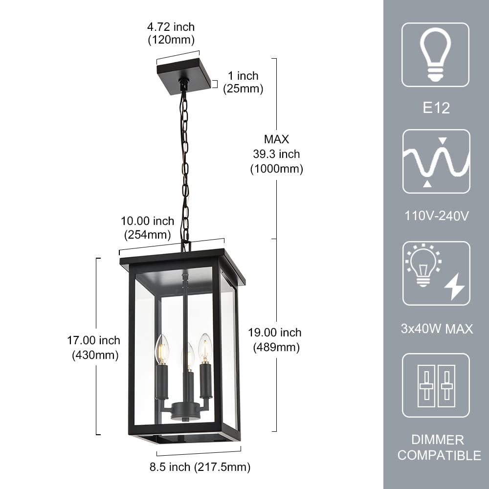Black Outdoor Pendant Lantern - E12 Candle Chandelier with 3 Lights - Large Exterior Hanging Light Fixture with Clear Glass & Adjustable Height - Perfect for Indoor Entryway, Porch, Patio & Garden Lighting