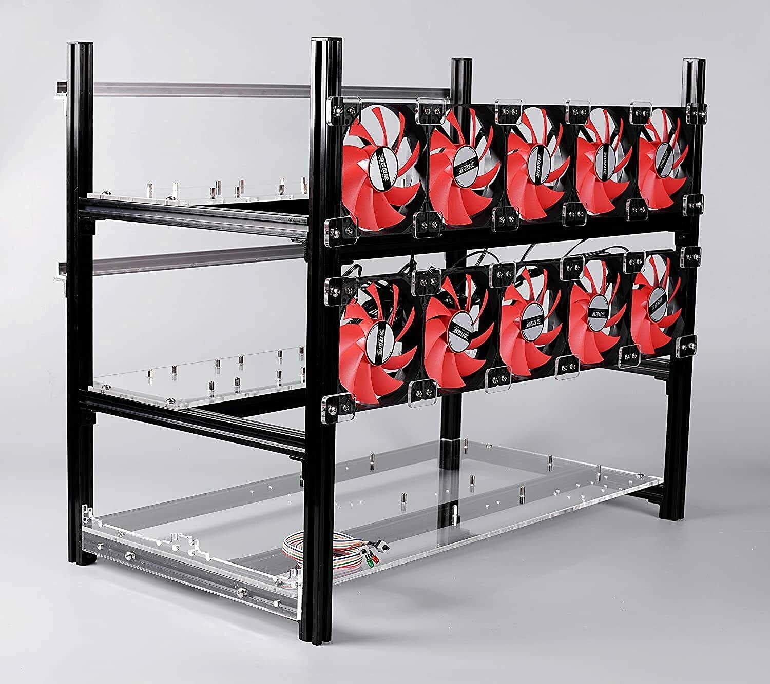 12 GPU Open Air Mining Rig Case - Stackable GPU Mining Frame for BTC, LTC, Ethereum (ETH, ETC) - Includes 10 Cooling Fans - Perfect for Cryptocurrency Mining & GPU Mining Farms