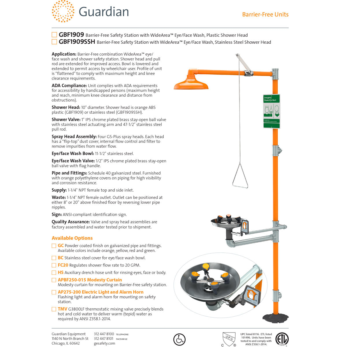GBF1909 Barrier-Free Emergency Shower & Eyewash Station Combo - ANSI Compliant Safety Equipment for Laboratories, Factories & Chemical Workplaces