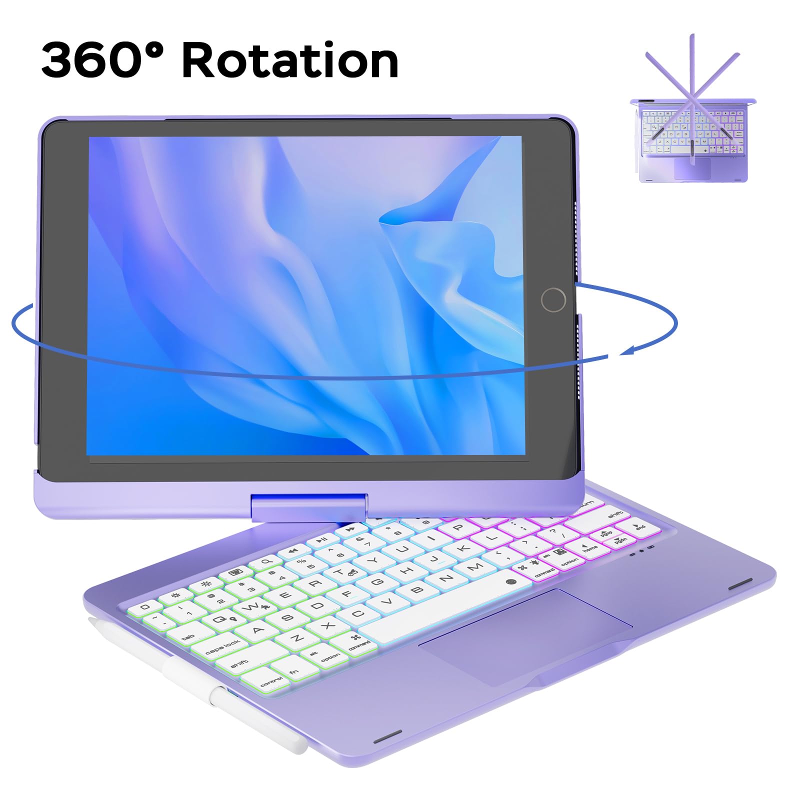 NOKBABO iPad 9th/8th/7th Generation Case with Bluetooth Keyboard - 360° Rotatable Stand, 7-Color Backlit Touchpad & Apple Pencil Holder | Compatible with iPad 10.2 inch & iPad Air 3rd Gen/iPad Pro 10.5 inch | Metallic Purple | Perfect for Work, Study & Entertainment