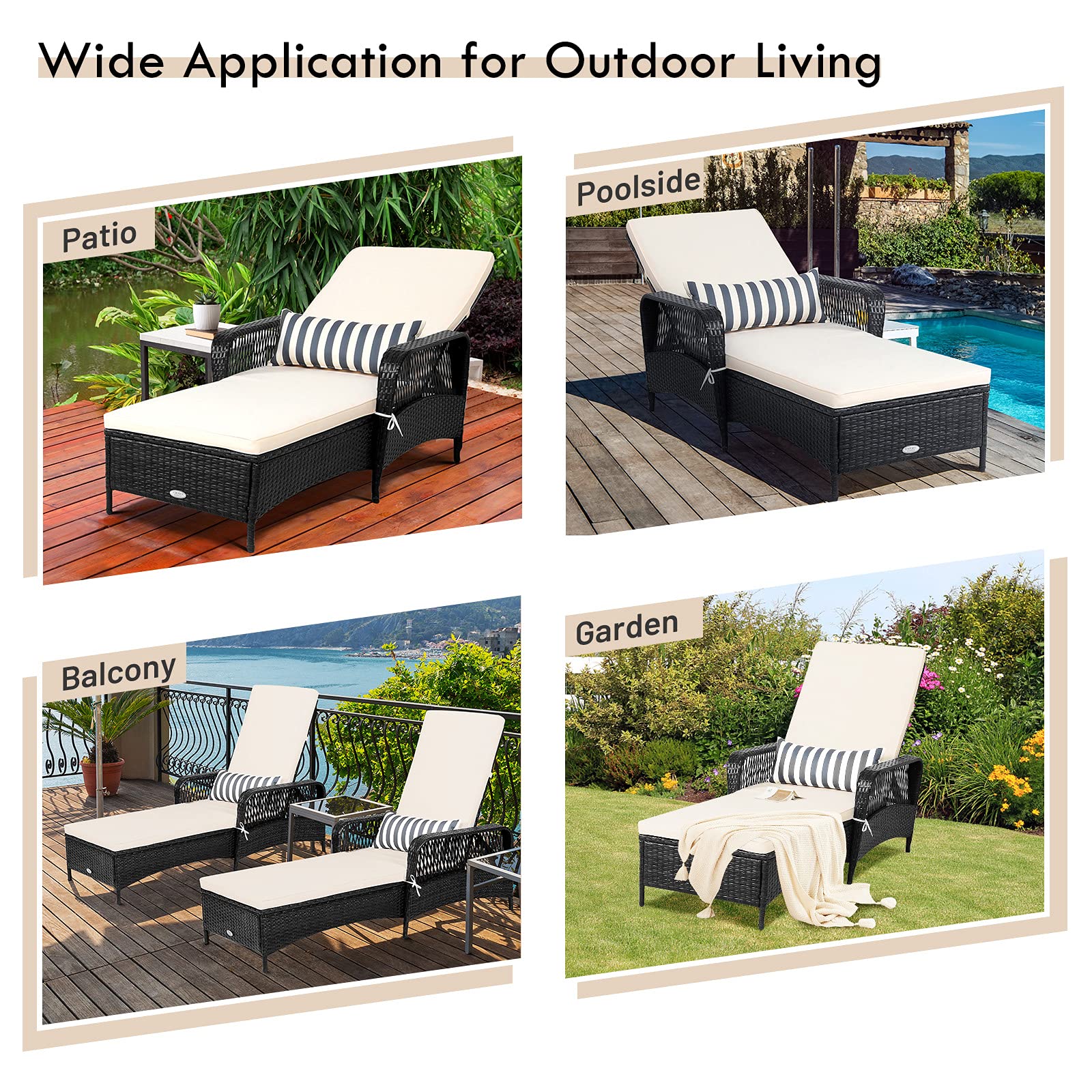 RELAX4LIFE Outdoor PE Rattan Chaise Lounge Chair with Thick Cushion & Lumbar Pillow - 6-Position Adjustable Recliner, Non-Slip Feet - Perfect for Patio, Poolside, Garden, Beach Sunbathing & Backyard Relaxation