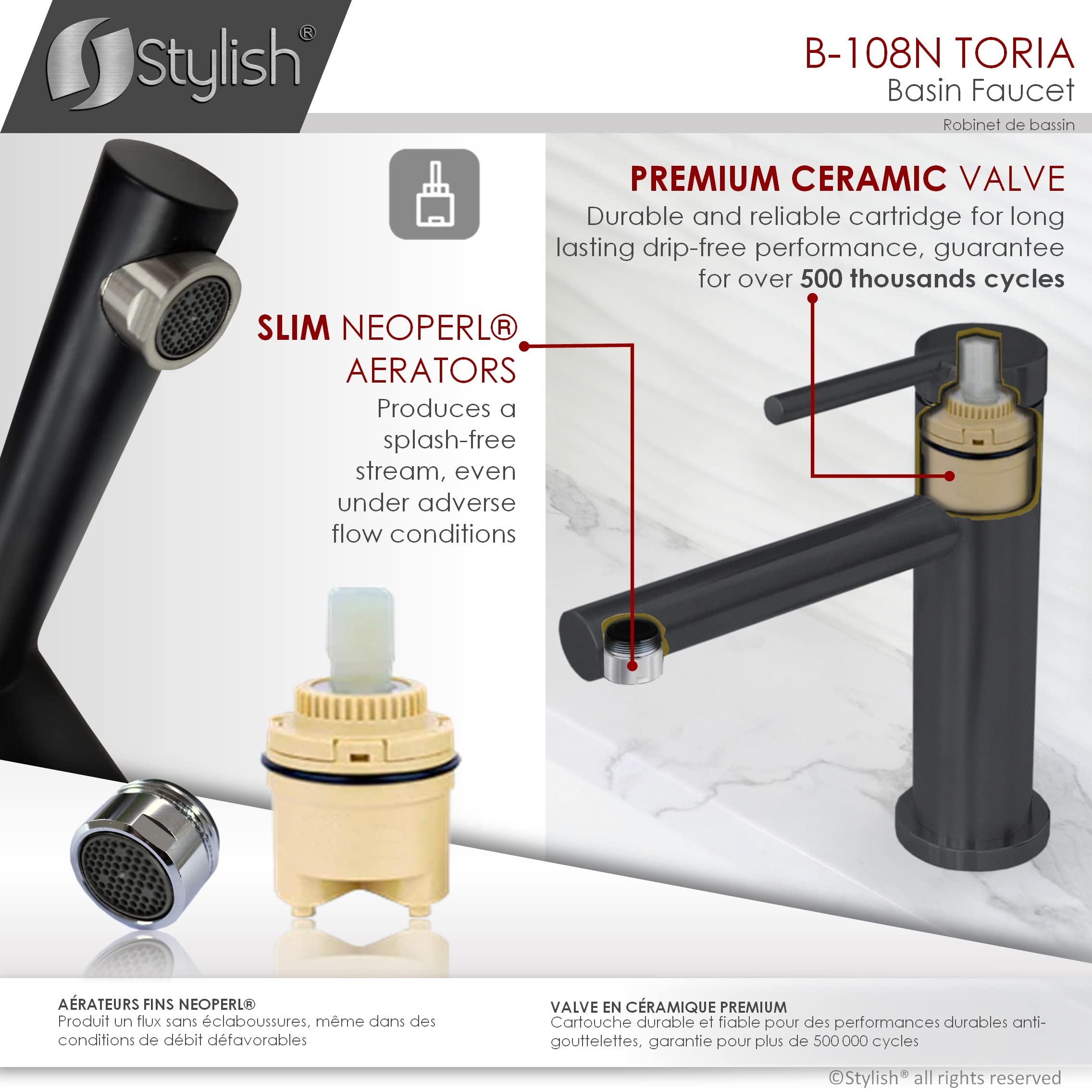 Stylish Single Handle Bathroom Faucet - Solid Stainless Steel 1 Hole Vanity Sink Faucet with Matte Black Finish (Model B-108N) - Perfect for Modern Bathroom Renovations & Small Space Sinks