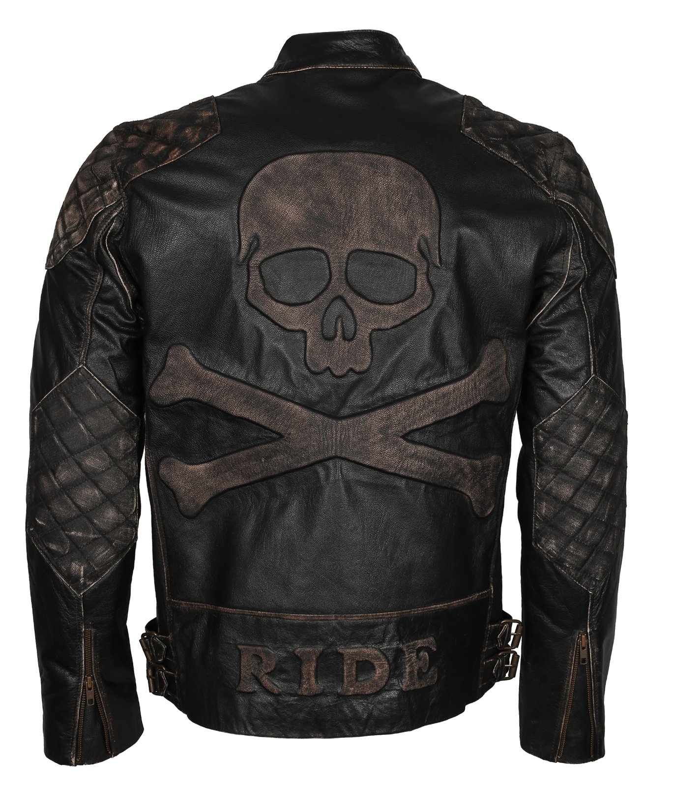 Men's Vintage Distressed Leather Motorcycle Jacket - Skull & Bones Design, Black Cowhide Biker Coat for Riding & Casual Wear | Perfect for Motorcycle Enthusiasts & Fashion Lovers