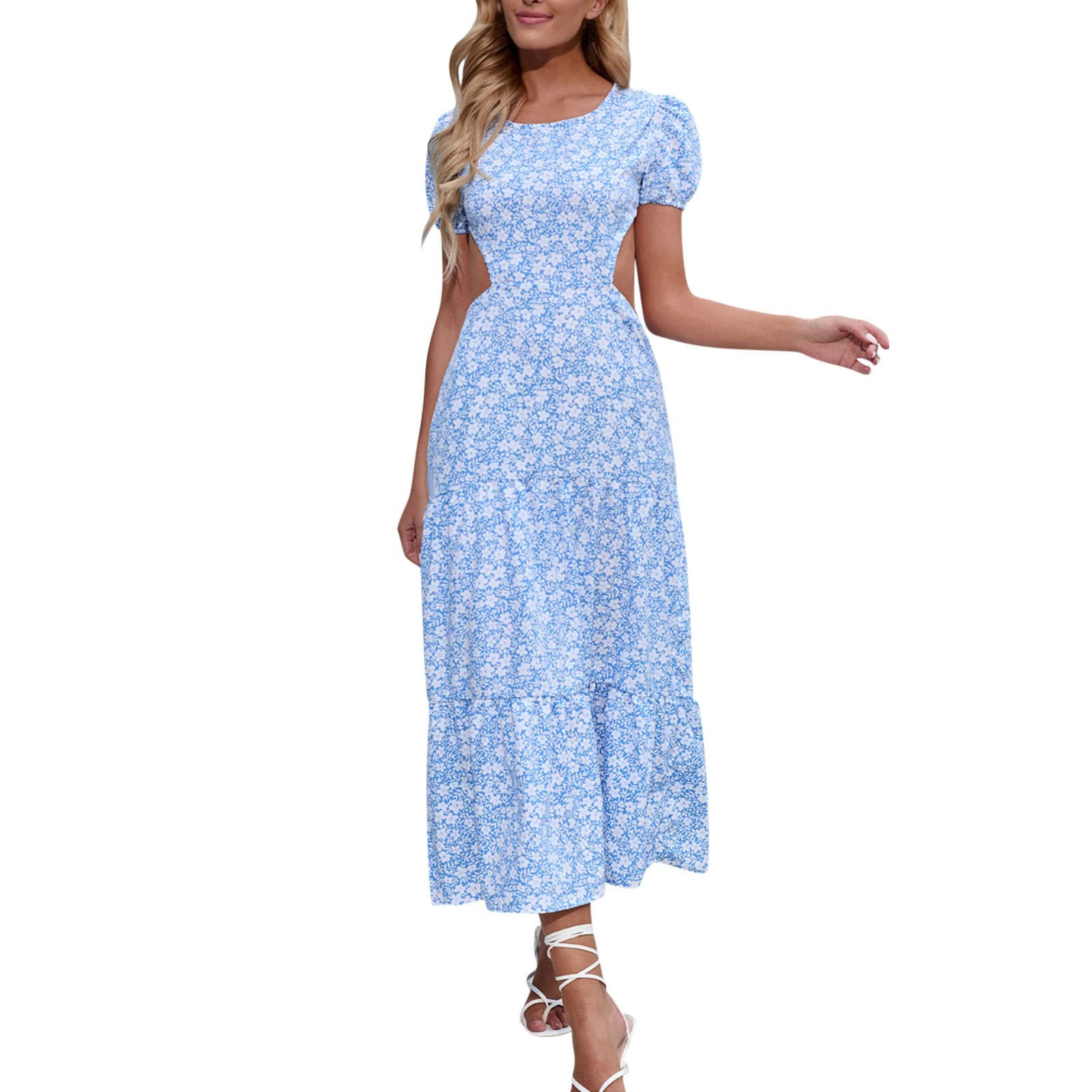 USYFAKGH Women's Casual Summer Midi Dress - Flowy Chiffon Boho Dress with O-Neck & Short Sleeves, Backless Design for Beach, Party & Vacation Outfits