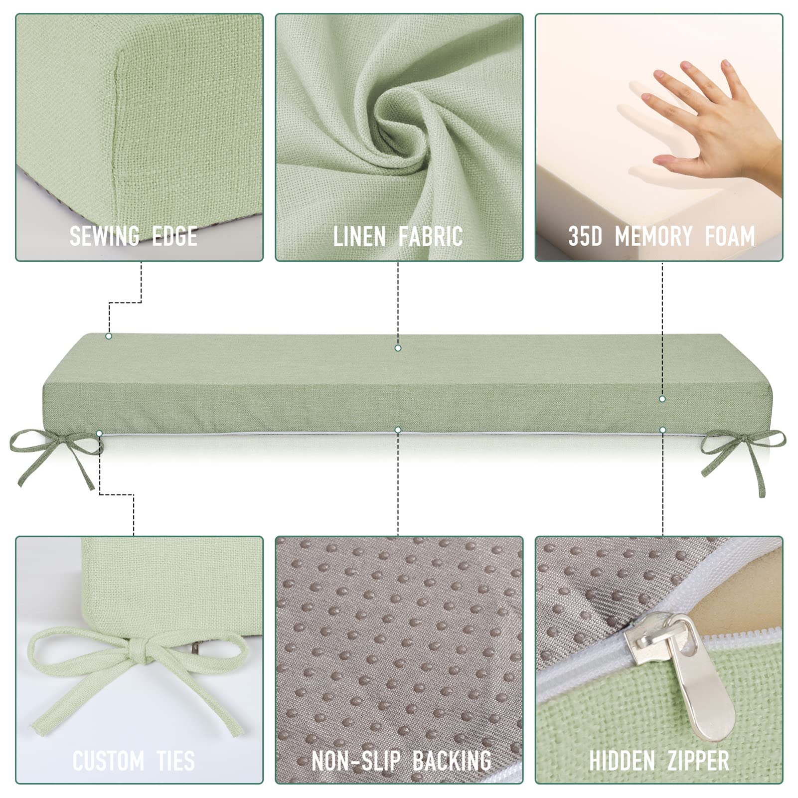 Custom Size Bench Cushion - Thick Upholstery Foam Bay Window Seat Cushion for Indoor/Outdoor Sofa, Patio Furniture - Green (Custom Size) | Perfect for Reading Nooks, Sunrooms & Cozy Window Seats