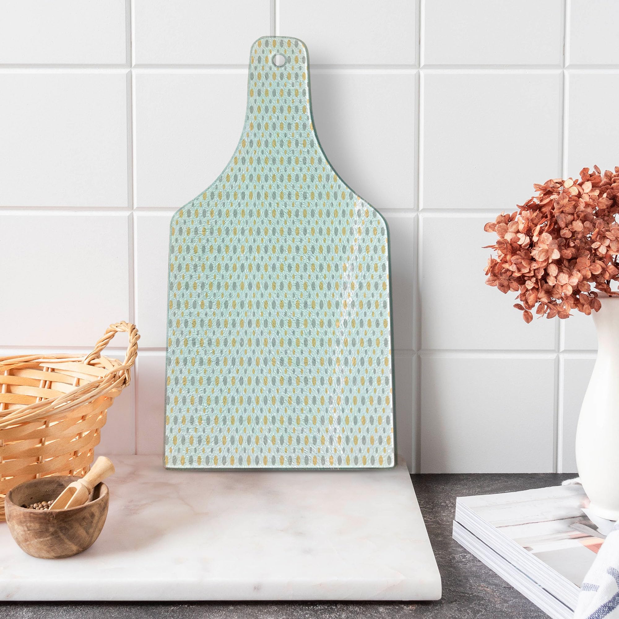 Vintage Tempered Glass Cutting Board - Shabby Chic Dots Retro Design, Decorative Serving Board for Cheese, Charcuterie & Wine - Orange, White & Cadet Blue - Perfect for Entertaining & Kitchen Decor