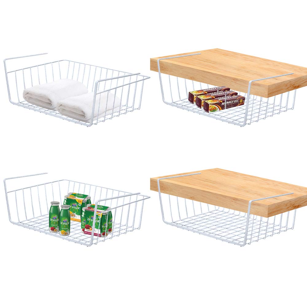 4 Pack Under Shelf Basket - Dveda Durable Metal Wire Rack Hanging Storage Organizer for Kitchen, Pantry, Bathroom & Office - White (1.45