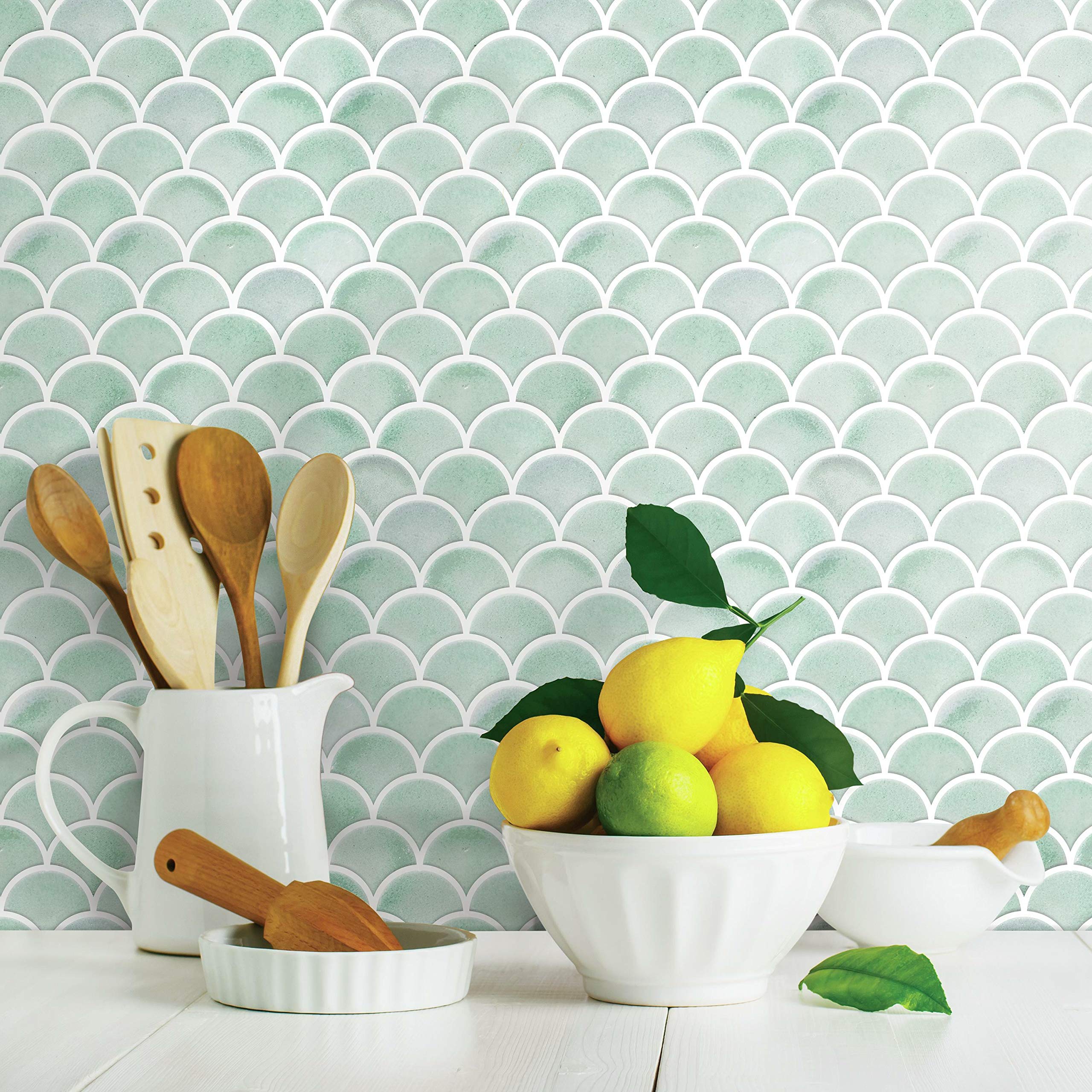 RoomMates TIL4571FLT Aqua Scallop Peel and Stick Tile Backsplash - Self-Adhesive Waterproof Wall Decals for Kitchen, Bathroom, Laundry Room & Home Decor
