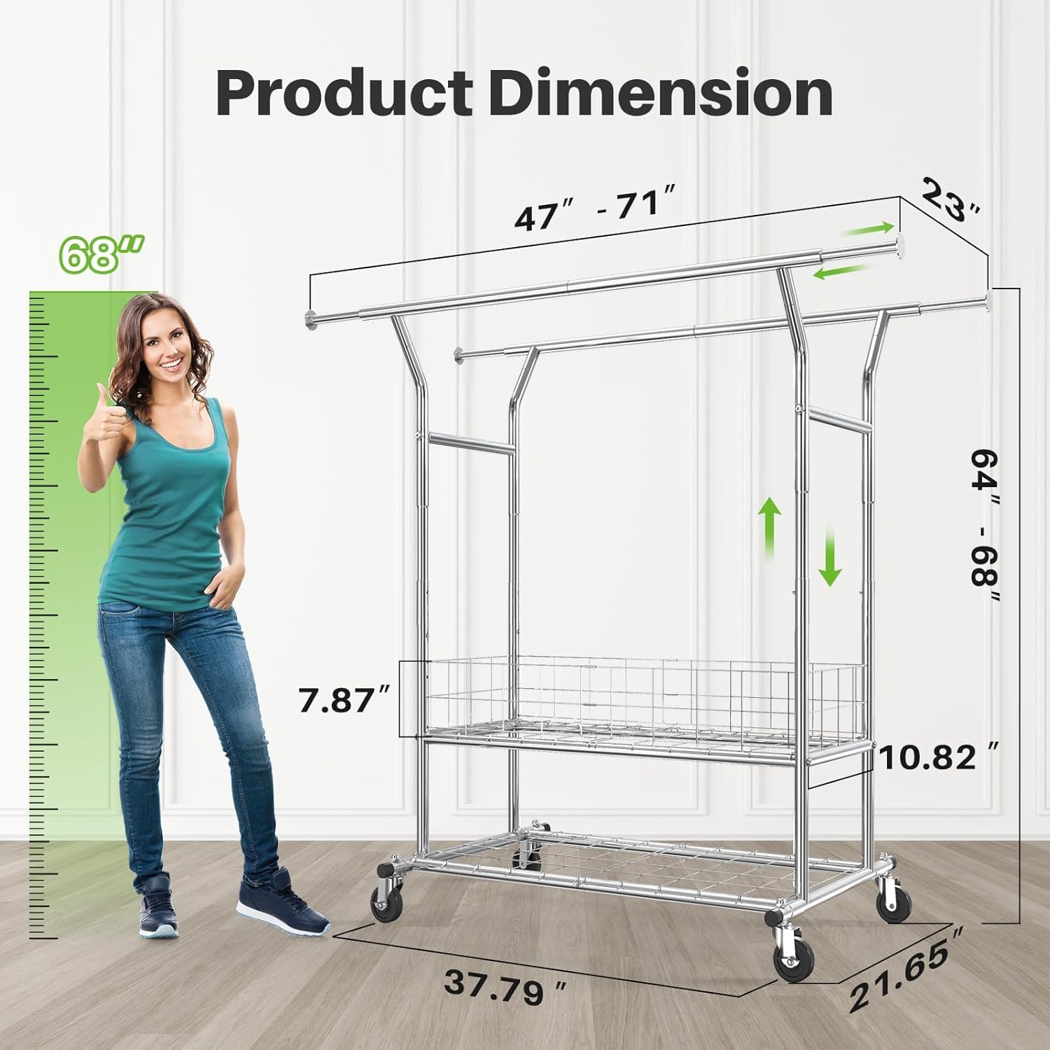 Heavy Duty Commercial Clothing Rack - 625LBS Capacity Adjustable Garment Rack with Metal Basket & Wheels | Double Rod Hanging Clothes Organizer for Bedroom, Living Room, Laundry Room & Retail Store Use