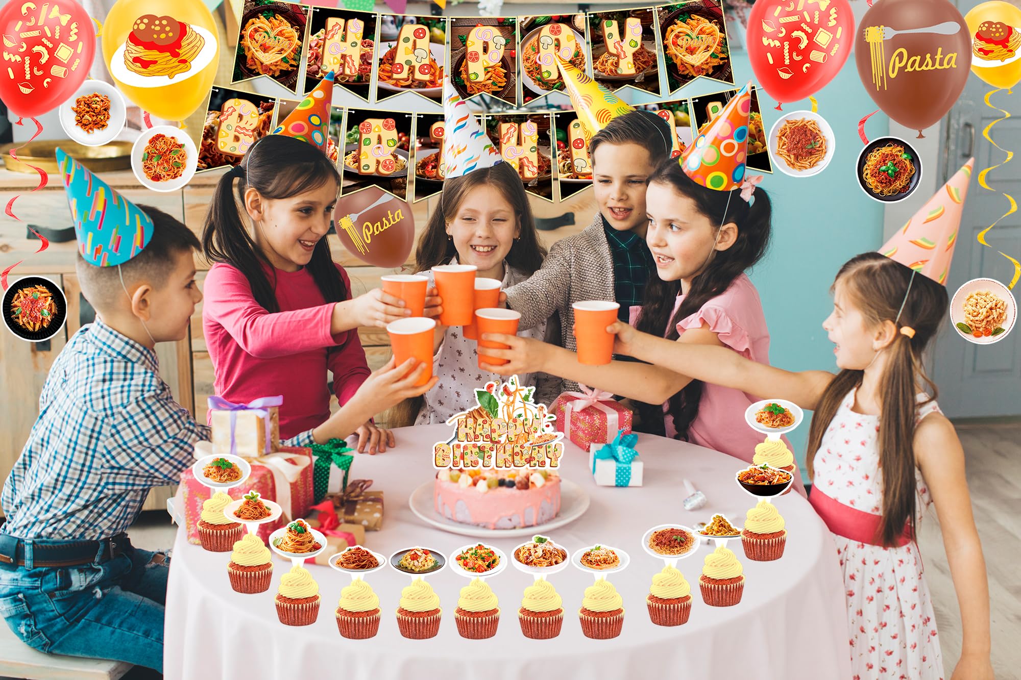 Pasta Party Decorations Set - Spaghetti Birthday Party Supplies with Happy Birthday Banner, Cake Topper, Cupcake Toppers, Hanging Swirls & Balloons - Perfect for Italian-Themed Birthday Parties, Pasta Lover Celebrations & Fun Family Gatherings
