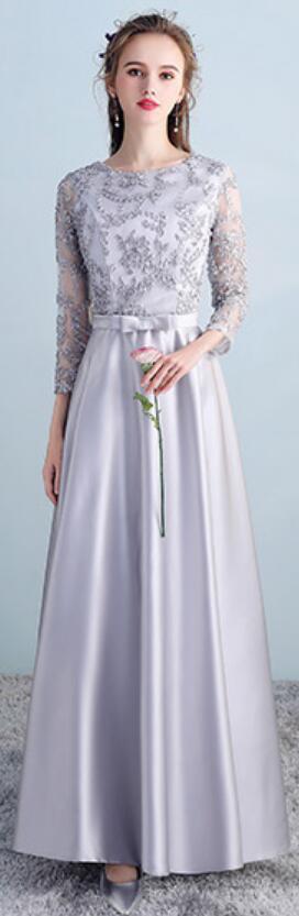 Elegant Gray Long Sleeve Lace Bridesmaid Dress WG502 - Asymmetrical Design for Weddings, Parties & Formal Events