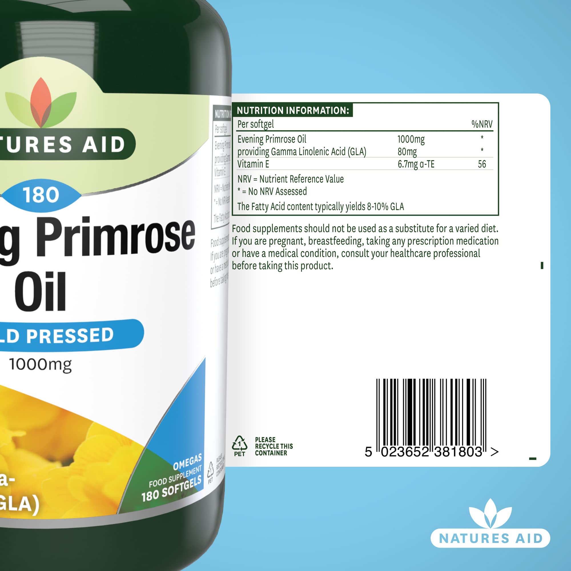 Natures Aid Evening Primrose Oil 1000mg - Cold Pressed Omega-6 GLA Supplement - 180 Softgel Capsules for Women's Health, Hormone Balance & Skin Care - Perfect for PMS Relief, Menopause Support & Healthy Skin Routine