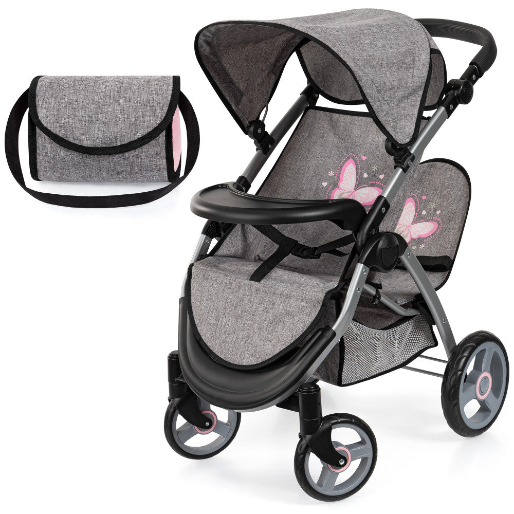 Bayer Design Twin Star Doll Stroller for Kids - Adjustable Handle, Grey & Pink Butterfly Pattern, Perfect for Ages 3+ | Ideal for Pretend Play, Outdoor Walks & Indoor Fun