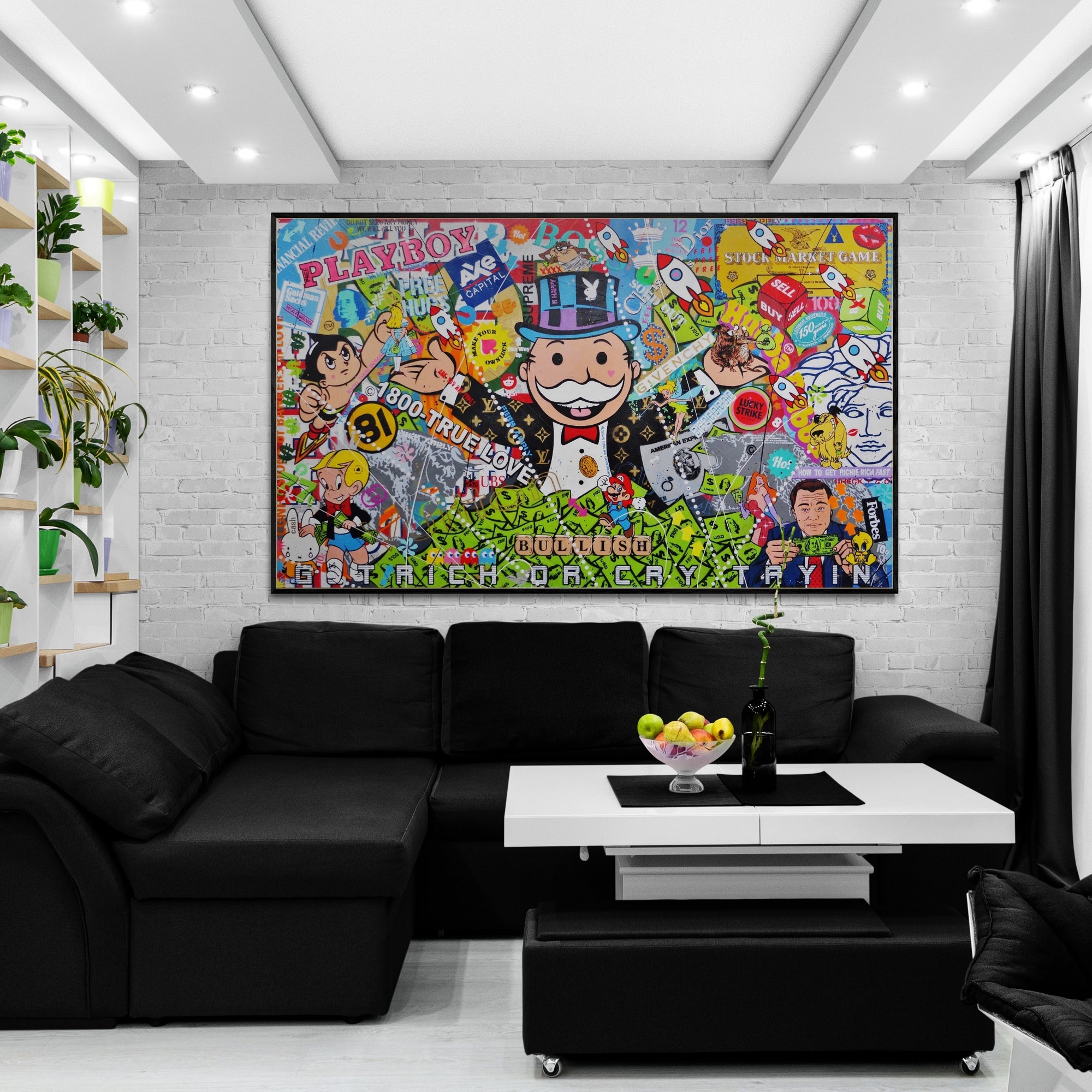 Bullish 250x150cm Monopoly Man Textured Urban Pop Art Canvas Painting - Modern Wall Decor for Living Room, Office & Game Room