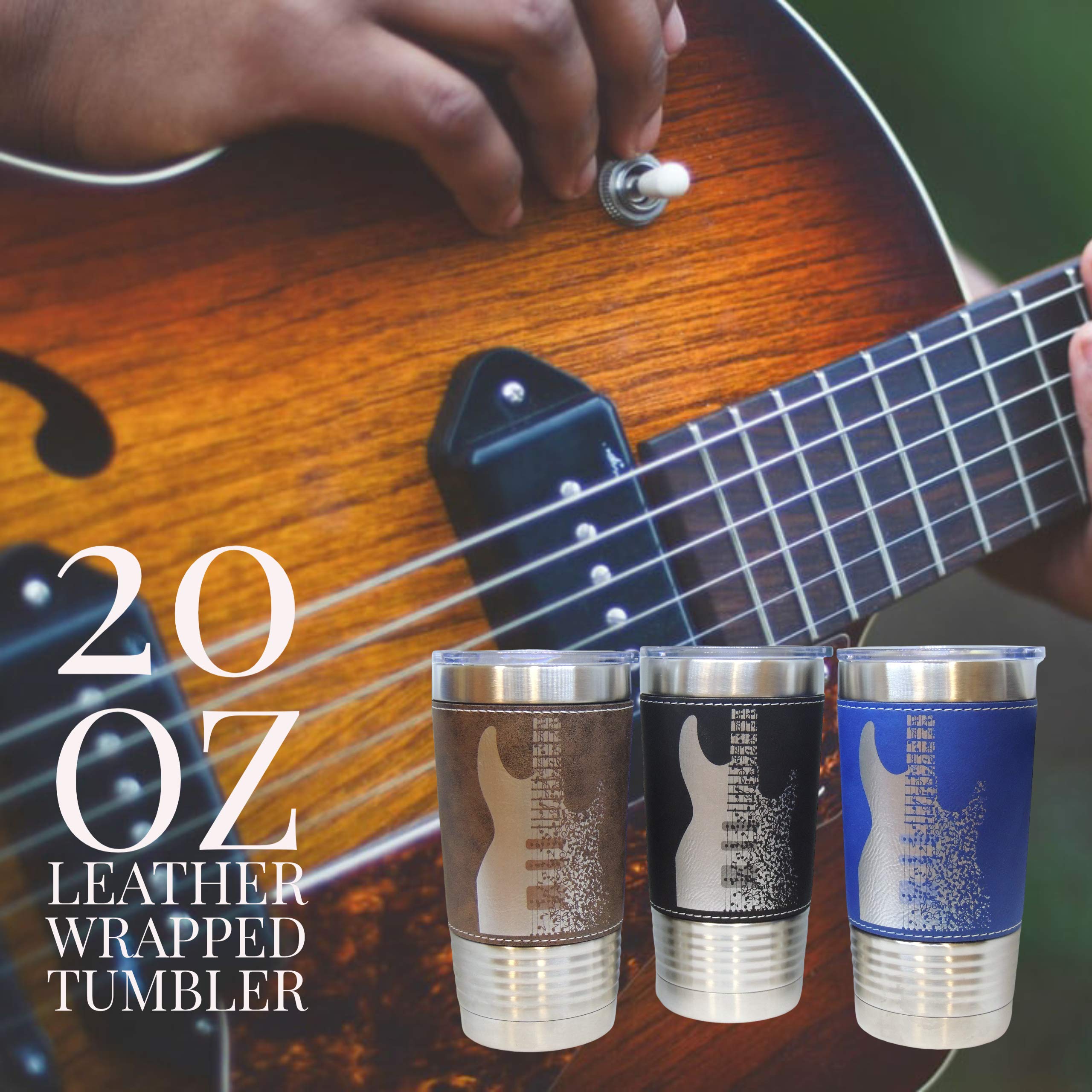 Electric Guitar Leather Wrapped Vacuum Insulated Tumbler 20oz - Stainless Steel Travel Mug for Coffee & Tea - Perfect Gift for Musicians & Music Lovers (Rustic Brown) - Great for Concerts, Studio Sessions & Outdoor Adventures