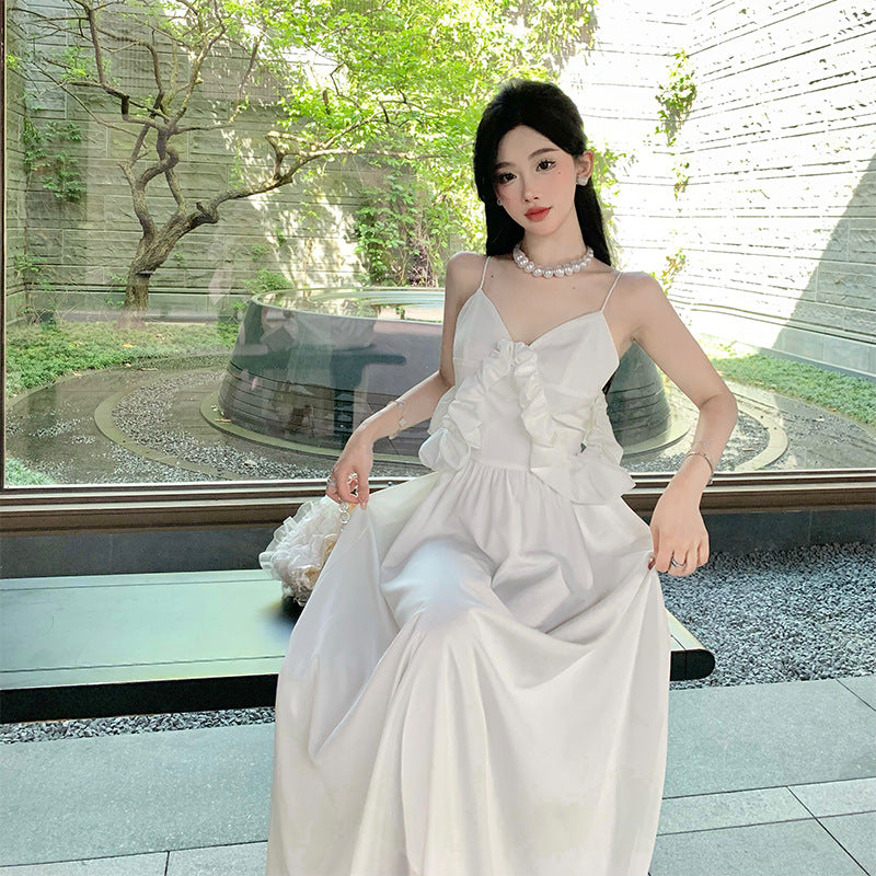 Elegant Fairy White Spaghetti Strap Summer Dress - V-Neck Long Flowy Maxi Dress for Women | Perfect for Beach Vacations, Date Nights & Summer Weddings
