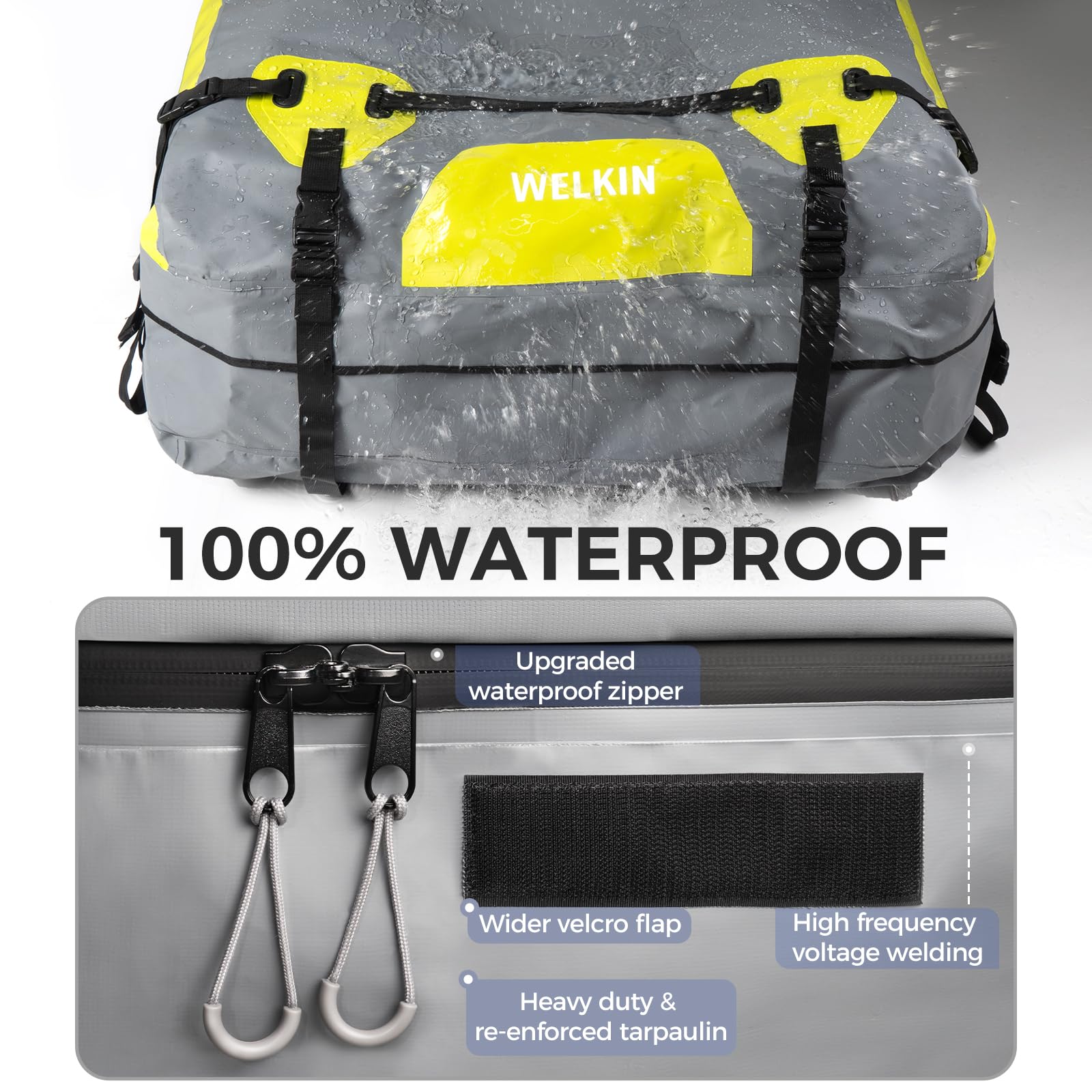 WELKIN Heavy Duty Waterproof Rooftop Cargo Carrier Bag - 15 Cubic Feet Car Roof Storage for All Vehicles (With/Without Rack) | Includes Anti-Slip Mat, 6 Door Hooks, TSA Lock & Storage Bag | Perfect for Road Trips, Camping & Outdoor Adventures