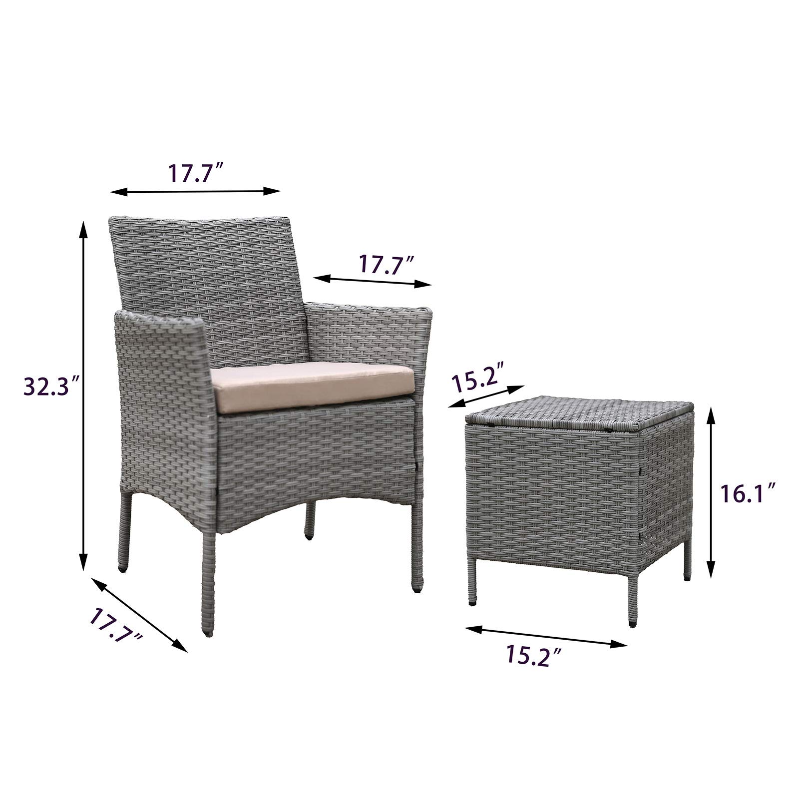 3-Piece Patio Furniture Set - PE Wicker Rattan Table & Chairs Conversation Set with Cushioned Sofa & Coffee Table for Garden, Backyard, Poolside (Light Grey) | Outdoor Lounge Set for Relaxing, Entertaining & Enjoying Summer Days