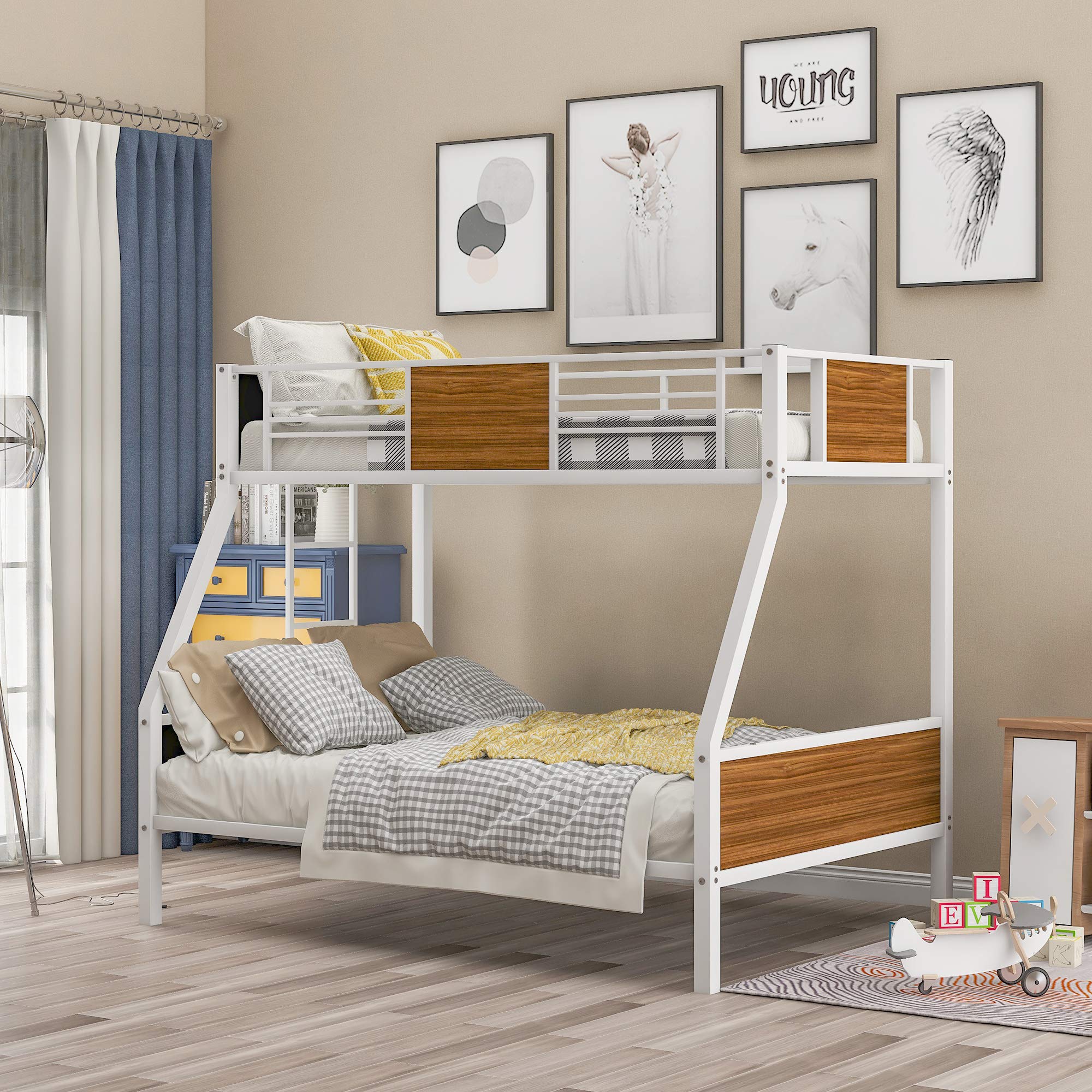 Kteam Twin-Over-Full Bunk Bed with Safety Rail & Built-in Ladder - Modern Steel Frame Bunk Bed for Kids & Teens Bedroom (White) - Perfect for Small Spaces, Guest Rooms & Shared Bedrooms