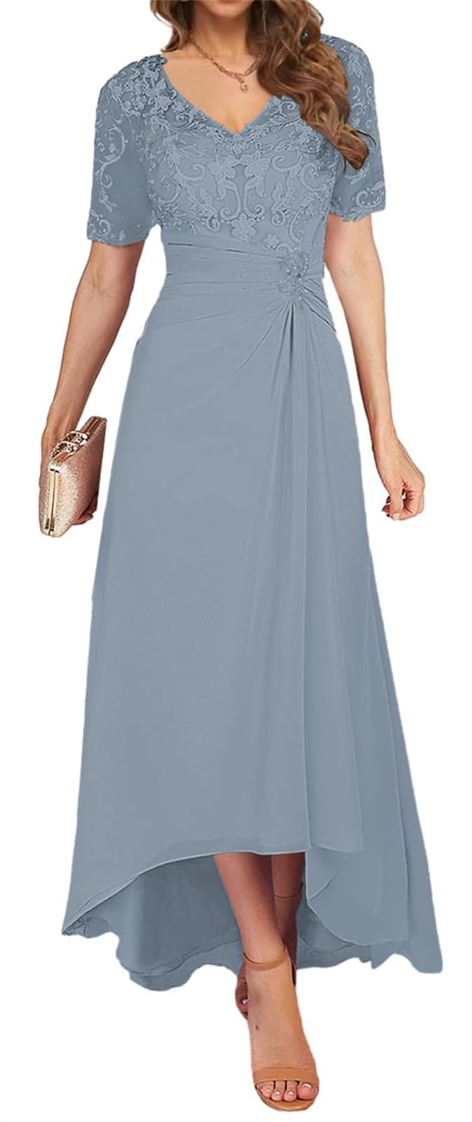 Elegant V-Neck Lace Chiffon Pleated Mother of The Bride Dress - Formal Wedding Guest Gown for Special Occasions & Ceremonies