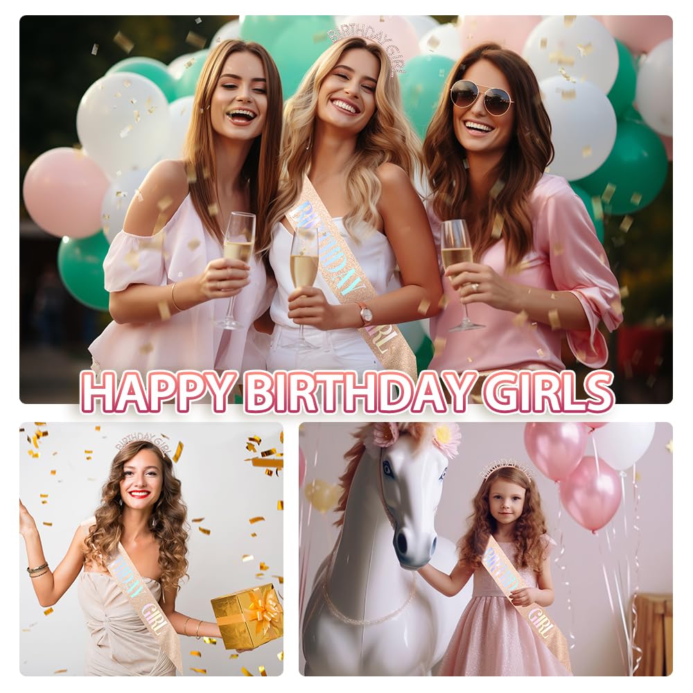 Rose Gold Glitter Birthday Sash & Crown Set for Women - Rhinestone Tiara & Headband - Perfect for Birthday Princess Parties, Bachelorette Celebrations & Special Occasions