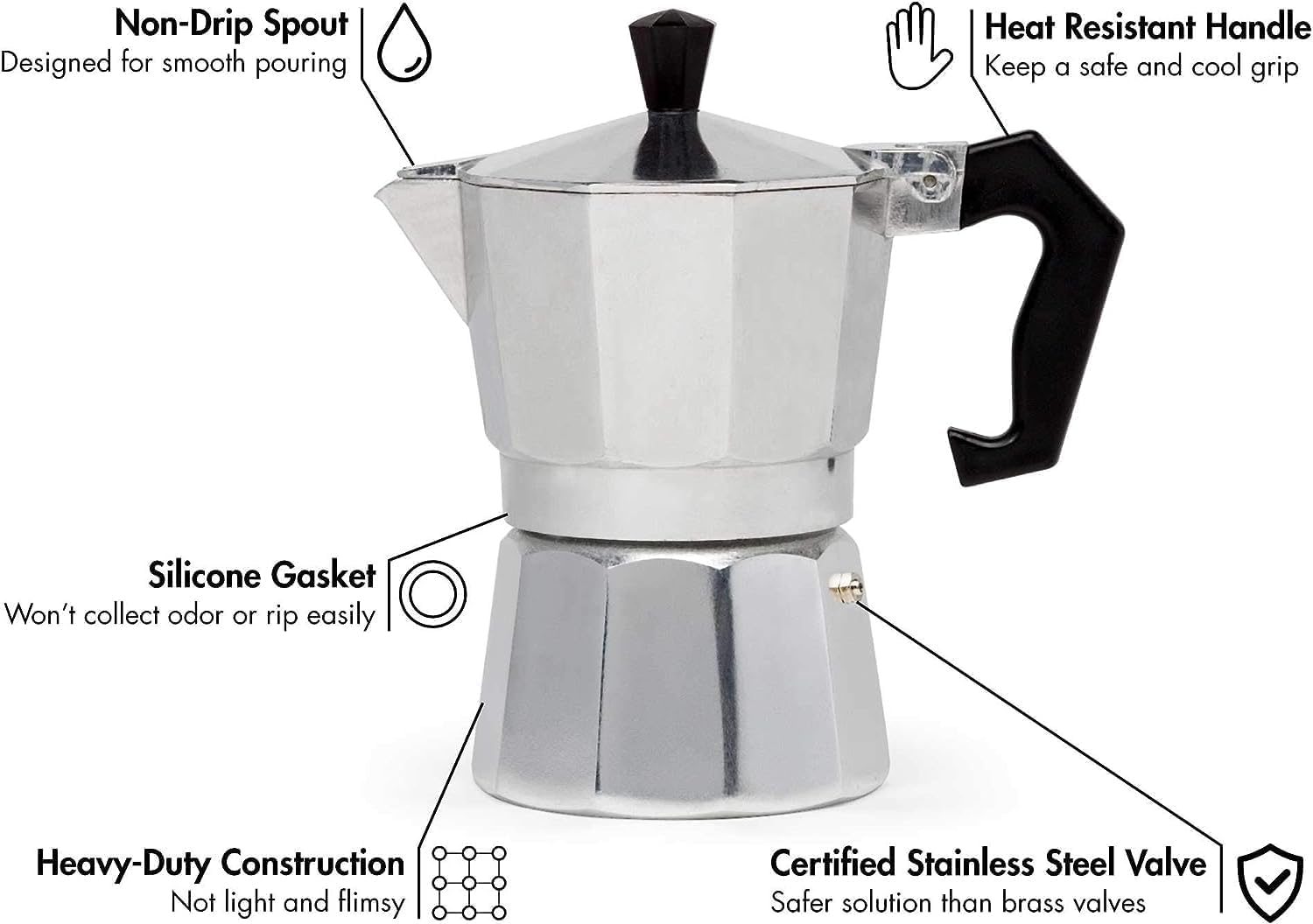 Stovetop Espresso Maker - 300ml Moka Pot Coffee Maker, Italian Coffee Brewer, Greca Coffee Machine, Cafeteras (6 Cup, Silver) - Perfect for Home Brewing, Camping & Gifts