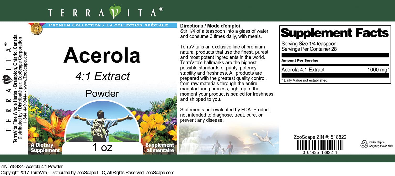 Acerola 4:1 Powder - 1 oz (ZIN: 518822) - Natural Vitamin C Supplement for Immune Support & Skin Health - Perfect for Smoothies, Juices, and Daily Wellness