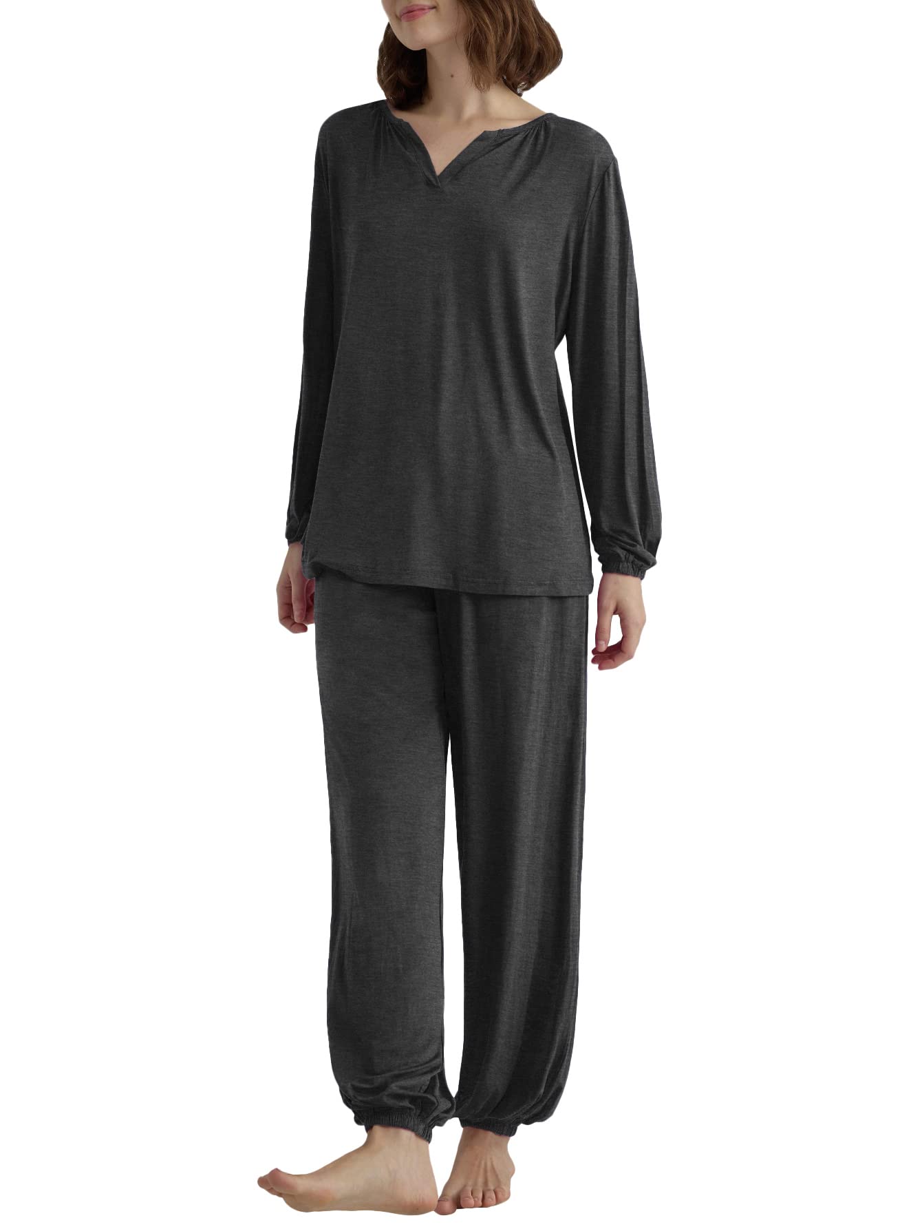 Comfortable Women's Viscose Palazzo Lounge Pants & Long Sleeve Pajama Set - Soft Sleepwear for Relaxing at Home, Lounging & Travel