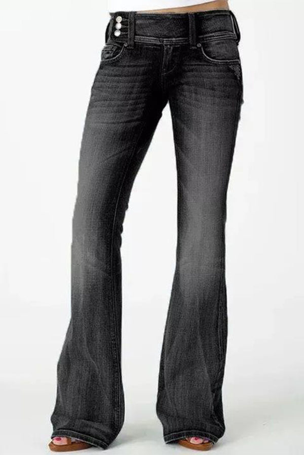 Vintage High Waist Flared Jeans with Side Button Pockets - Retro 70s Style Denim Pants for Women, Perfect for Casual Outings & Boho Fashion Looks