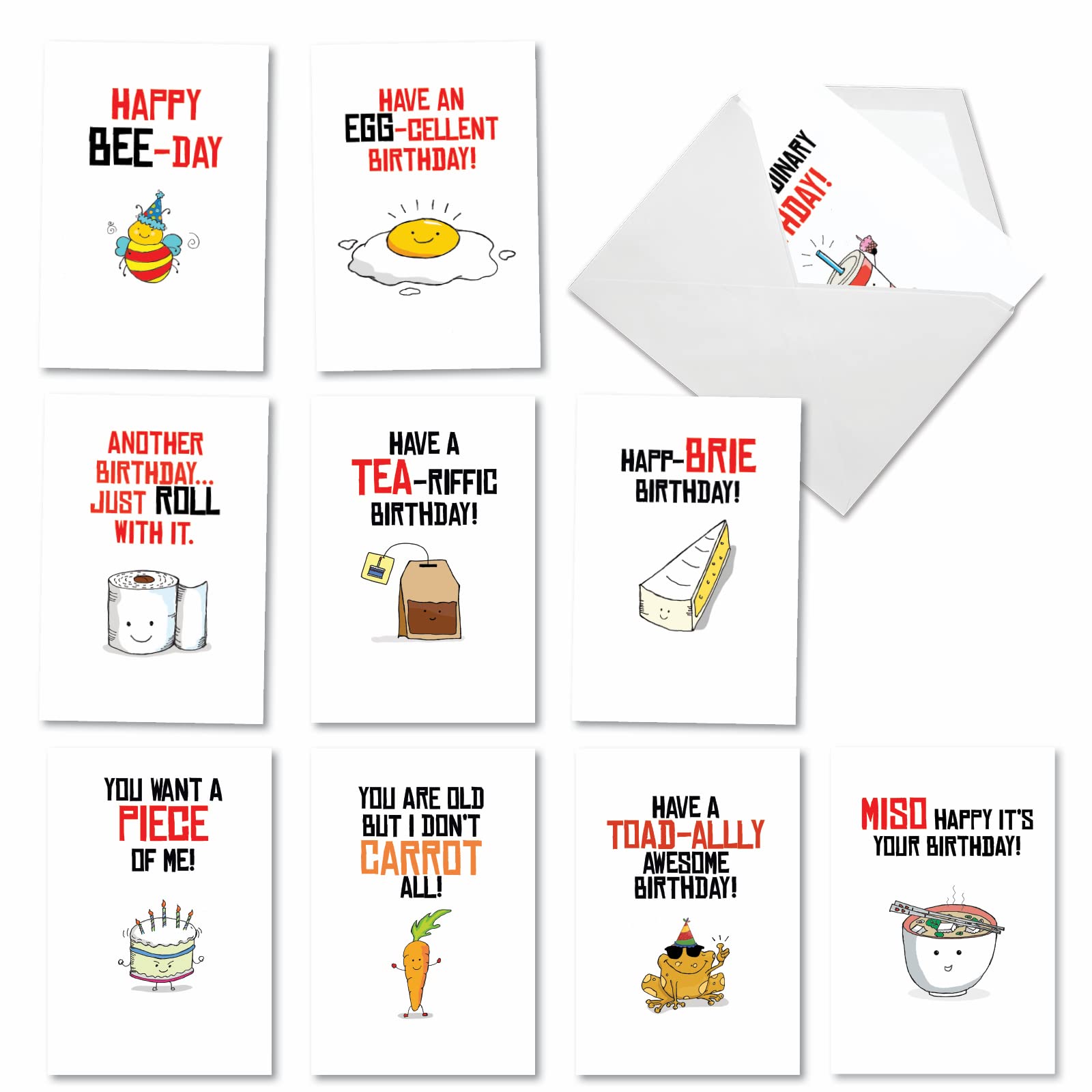 NobleWorks 10-Pack Funny Birthday Cards with Cartoons - Bulk Boxed Greeting Card Set with Humorous Puns (AC6119BDG-B1x10) - Perfect for Office Celebrations, Family Parties & Friend Gatherings
