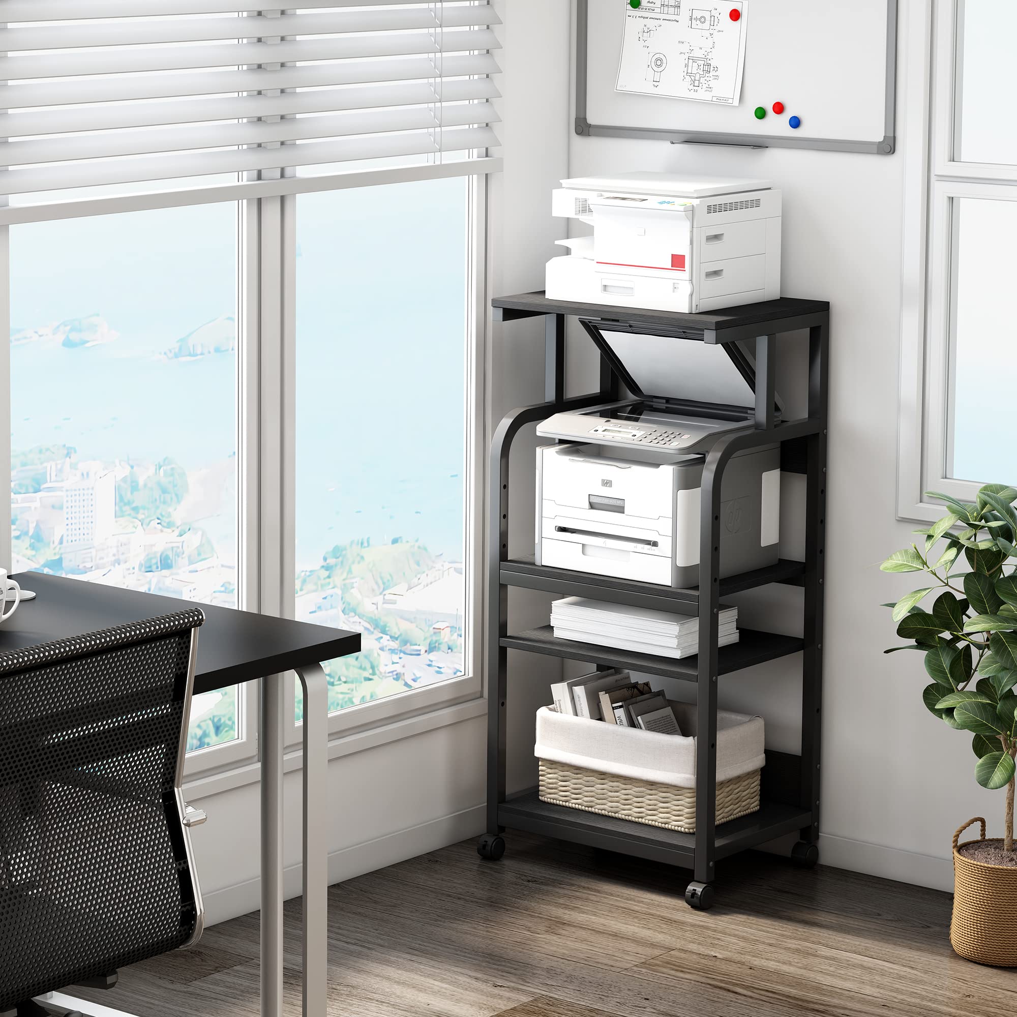 Adjustable 4-Tier Printer Stand with Wheels - Large Tall Rolling Cart for Home Office Storage, Computer Tower, CPU & Shredder Organization (Black) | Perfect for Small Spaces & Workspace Organization