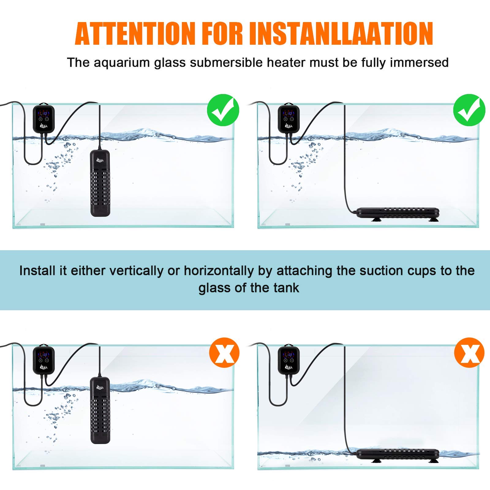 AQQA 800W Submersible Aquarium Heater for 80-220 Gallon Fish Tanks - Adjustable Thermostat for Freshwater & Saltwater Aquariums - Ideal for Betta Fish, Tropical Fish & Marine Life - Perfect for Home, Office or Fish Store Use