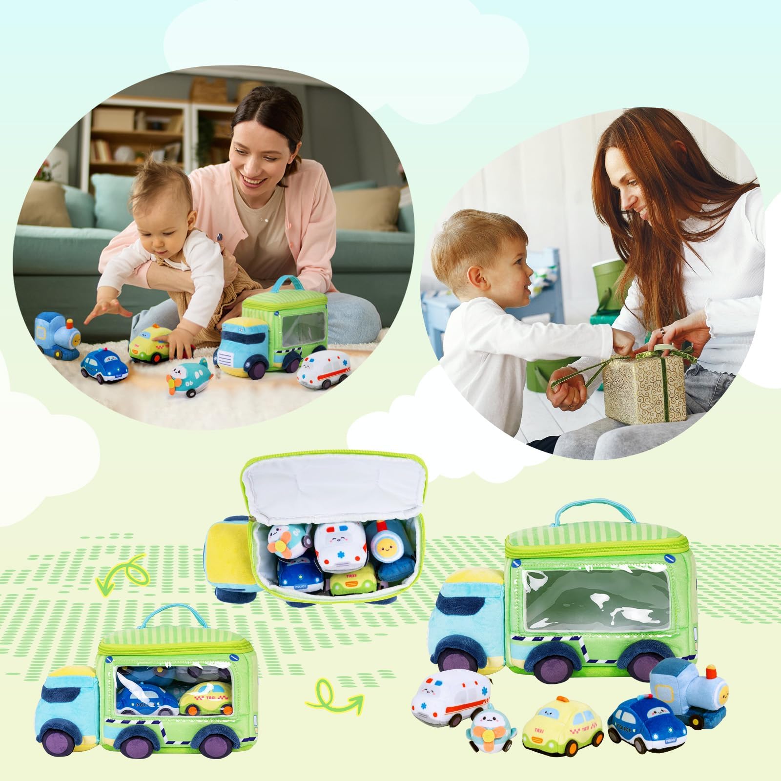 OUOZZZ Soft Baby Boy Toys - Plush Cars for Toddlers 1-3 Years | Little Blue Truck Stuffed Animal with Squeaker & Bell | Sensory Learning Toys | First Birthday Gift for Boys & Girls | Portable Play Set for Home, Travel & Daycare Activities