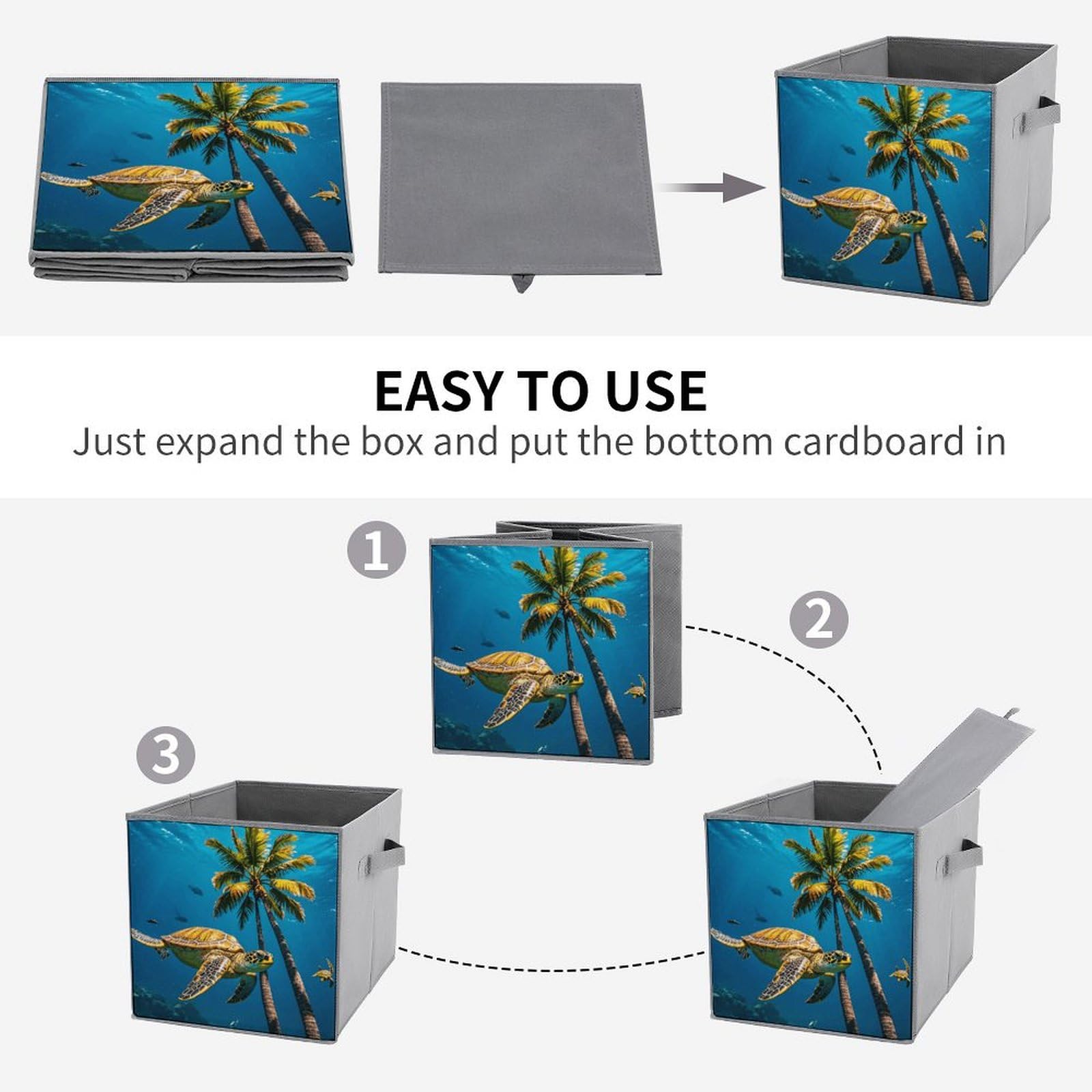 6-Piece Collapsible Storage Bins with Handles - Tropical Palm Trees & Sea Turtles Underwater Print - Multi-Functional Organizing Boxes for Home, Closet, Bathroom & Office Storage Solutions