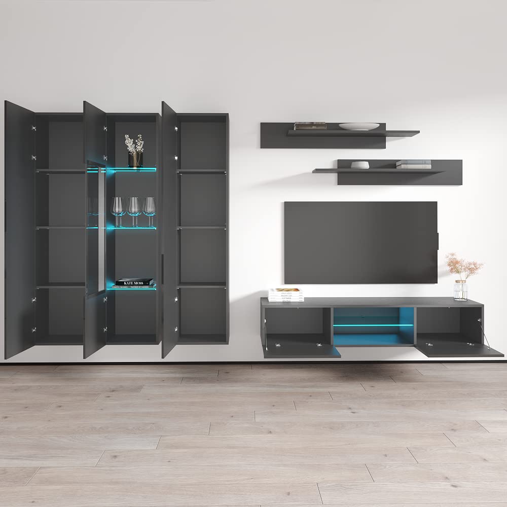 Modern Wall-Mounted TV Stand with Storage Shelves & LED Lights - Fly C 33 Entertainment Center Console for Living Room & Bedroom - Space-Saving Gray TV Cabinet (Perfect for Apartments, Dorms & Small Spaces)