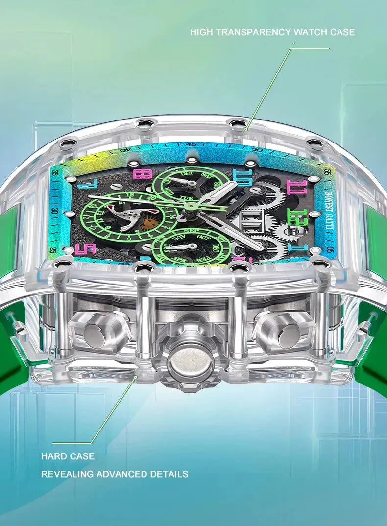 BONEST GATTI Men's Automatic Mechanical Watch - 45mm Tonneau Crystal Case with Luminous Hands, Date Month Week Display, Fluororubber Band - Perfect for Business, Casual Wear & Special Occasions
