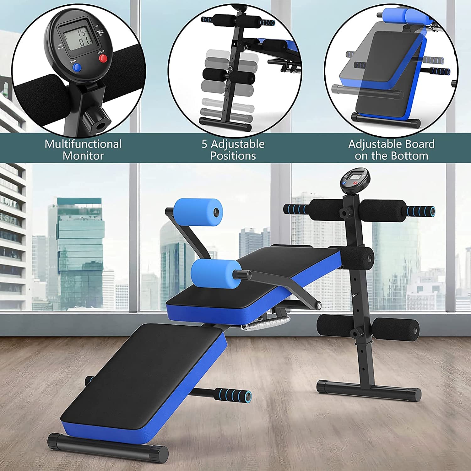 Adjustable Multi-Function Sit Up Bench - 5-Position Weight Bench with Heavy-Duty Steel Frame, Foldable Home Gym Equipment for Strength Training & Core Workouts (Blue & Black) - Perfect for Home Fitness, Small Spaces & Full-Body Workouts
