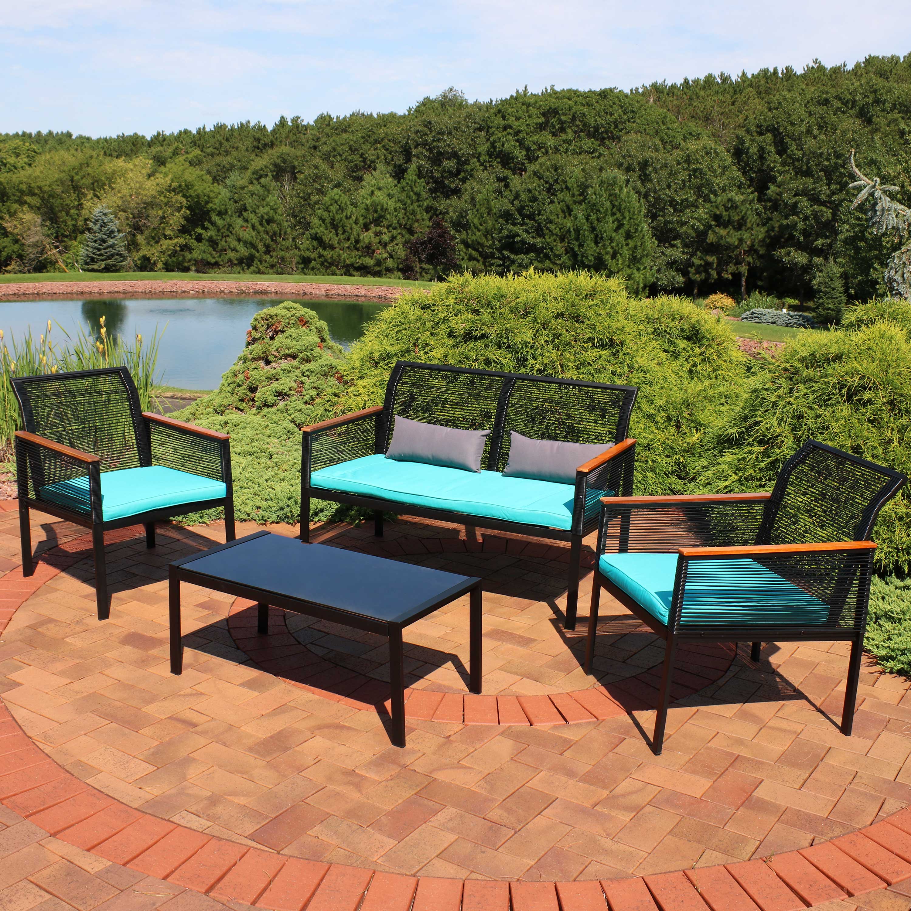 Sunnydaze Coachford 4-Piece Resin Rattan Patio Furniture Set for Outdoor Living - Perfect for Backyard, Garden, Poolside & Deck Relaxation