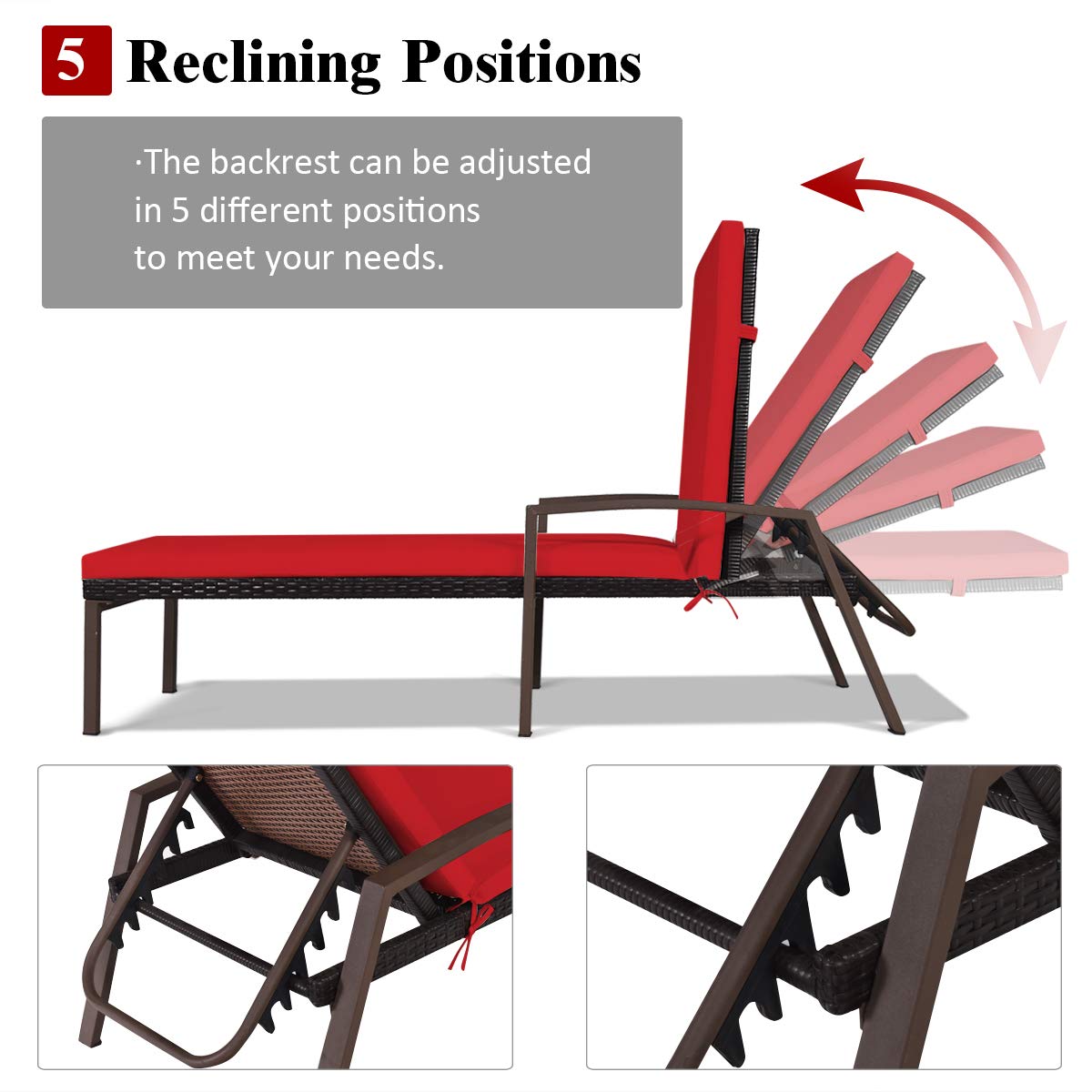 2PCS Patio Chaise Lounge Chairs with Cushions - Adjustable Rattan Sun Lounger for Outdoor Relaxation - Comfortable Wicker Recliner with Armrest for Poolside, Garden, Lawn or Balcony (Red) - Perfect for Sunbathing, Reading and Lounging in Your Backyard