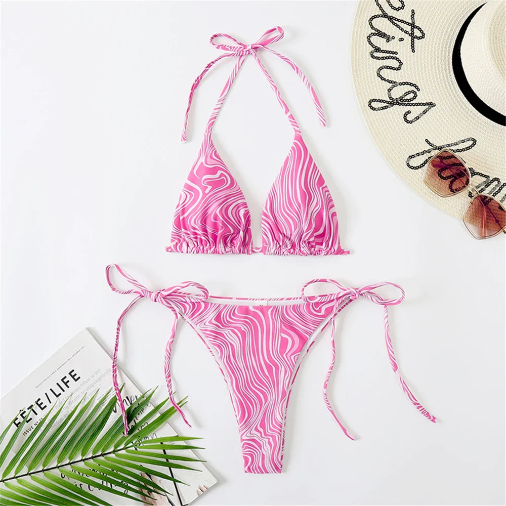 Sexy Halter Triangle Bikini Set - Women's Patent Leather Glitter Swimsuit with G-String & Side Lace Up Design | Perfect for Summer Beach Vacation, Pool Party & Tropical Getaway