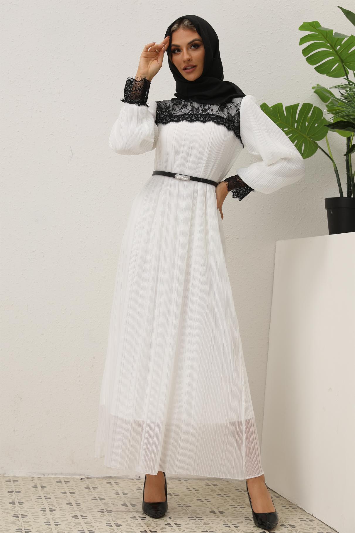 Elegant White Lace Pleated Dress for Women with Adjustable Belt - Perfect for Weddings, Parties & Special Occasions