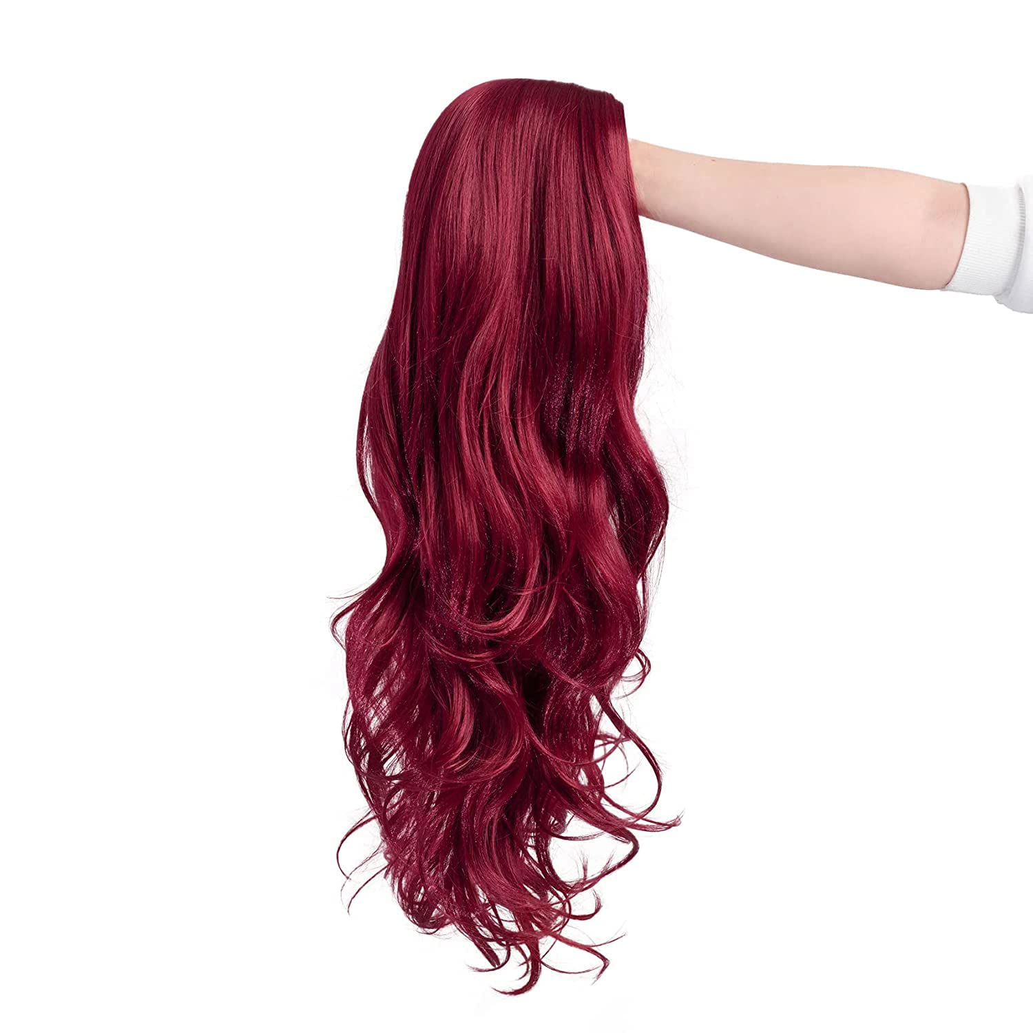 Long Curly Wavy Wine Red Wigs for Women - Natural Looking Synthetic Hair Wig with Side Part for Cosplay, Halloween, Parties & Daily Wear - Heat Resistant & Comfortable